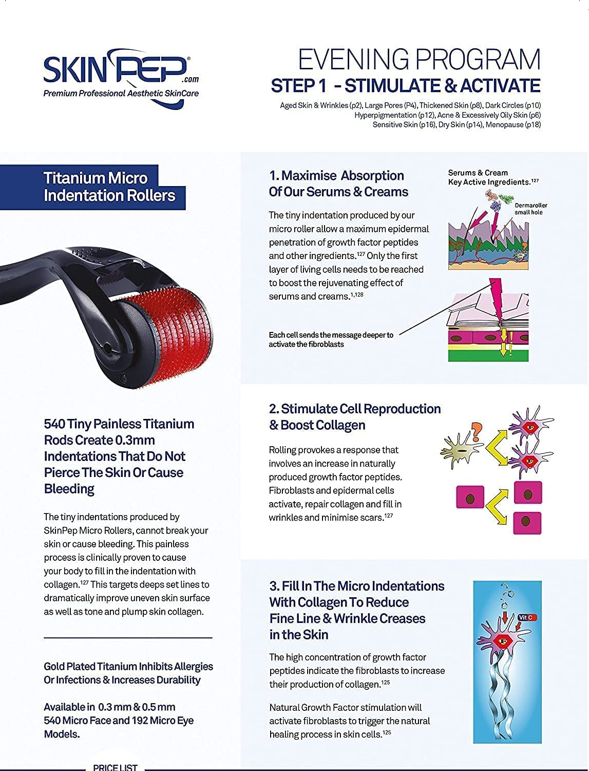 Derma Roller For Face - 540 Titanium & Gold Micro Needles 0.3mm - 3.0mm By SkinPep®