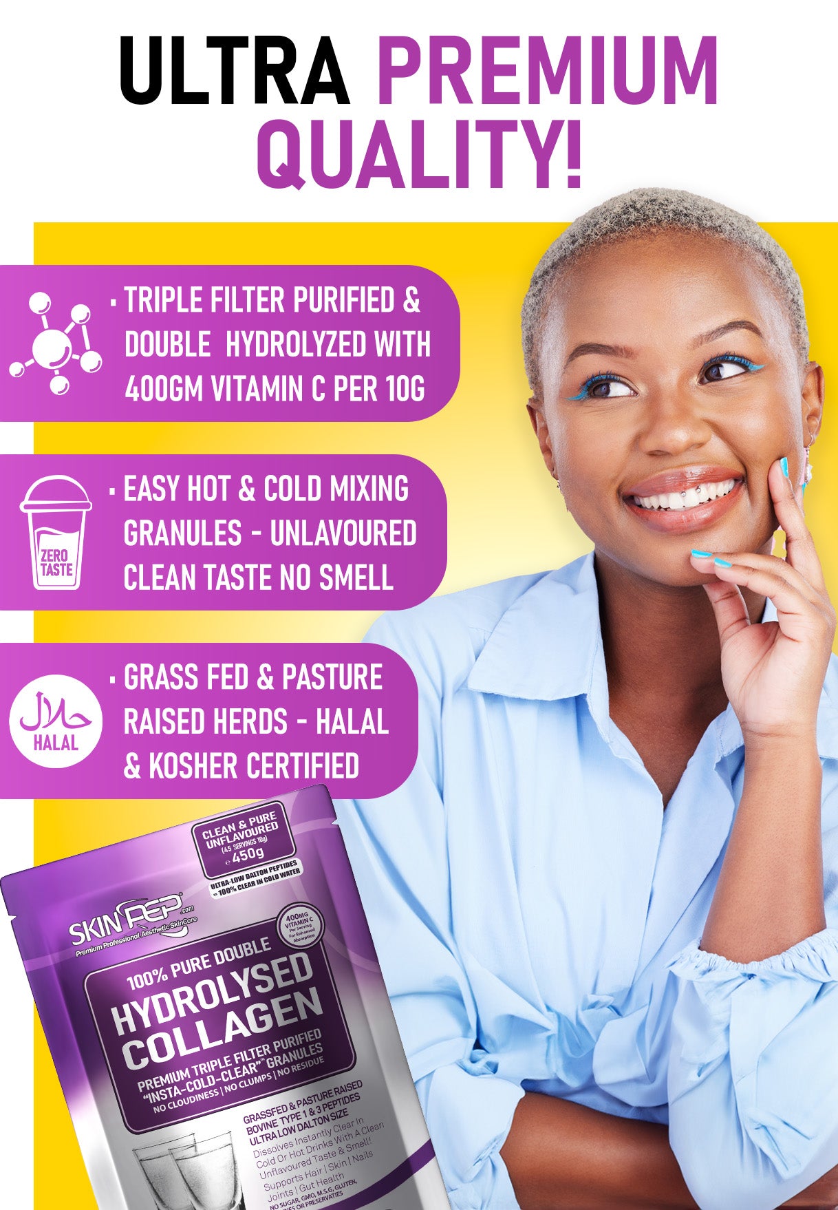 Collagen Peptides Hydrolysate Bovine Powder + 400mg Vit C - Halal Certified SkinPep