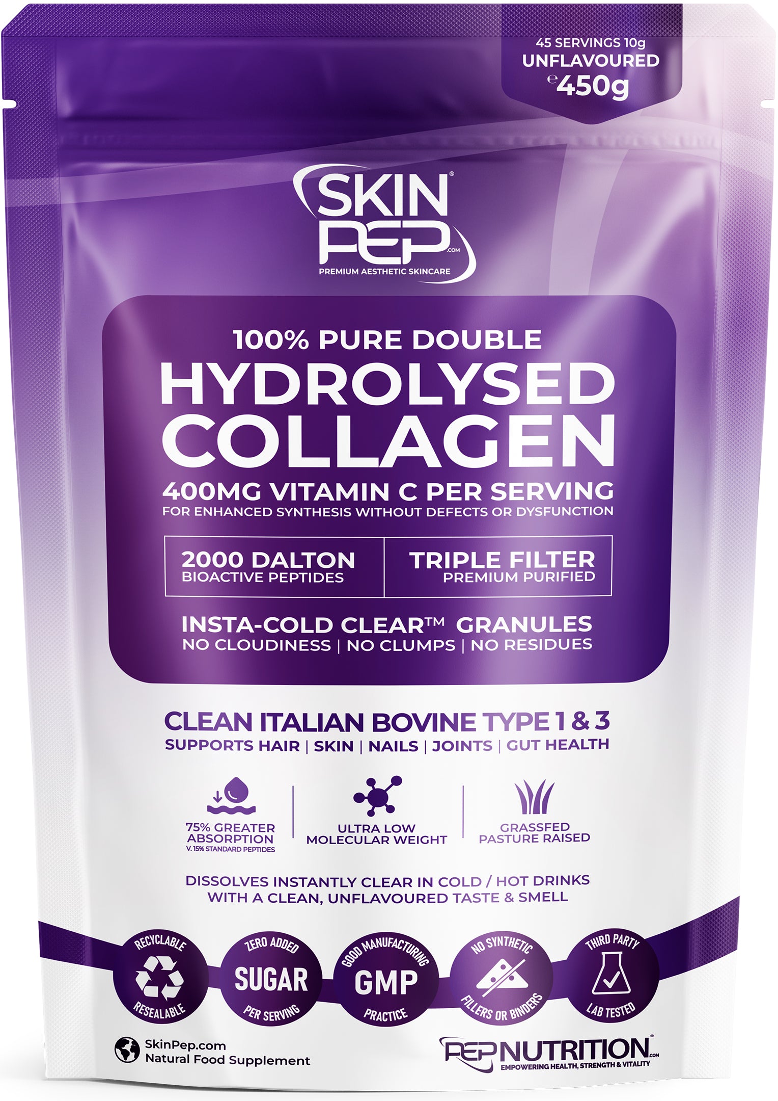 Collagen Peptides Powder | Organic Grass-Fed Bovine Hydrolysate | 2000 Dalton | 400mg Vitamin C | SkinPep