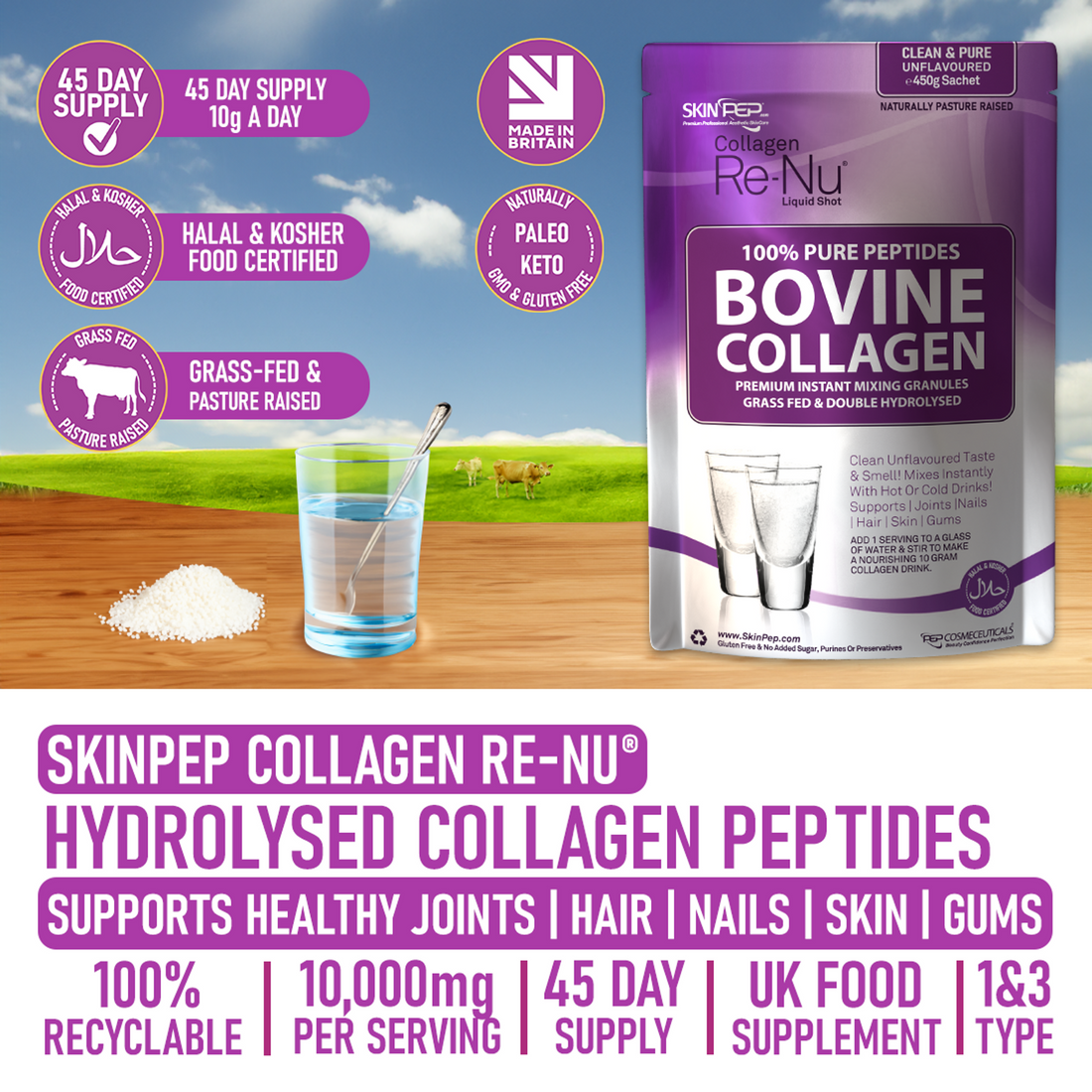 Bovine Collagen Peptides Hydrolysate Powder Granules 100% Pure - Halal Certified