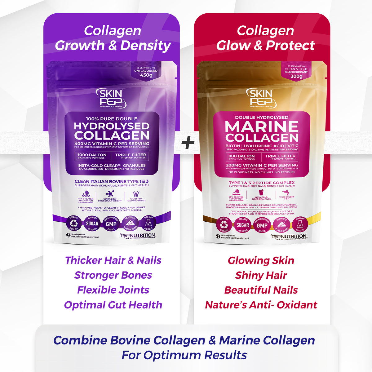 Marine Collagen Peptides | Hyaluronic Acid | Vitamin C | Biotin | Bioactive 800 Daltons| Blackcurrant Extract Flavour | Triple Filtered Sugar Free Powder | SkinPep
