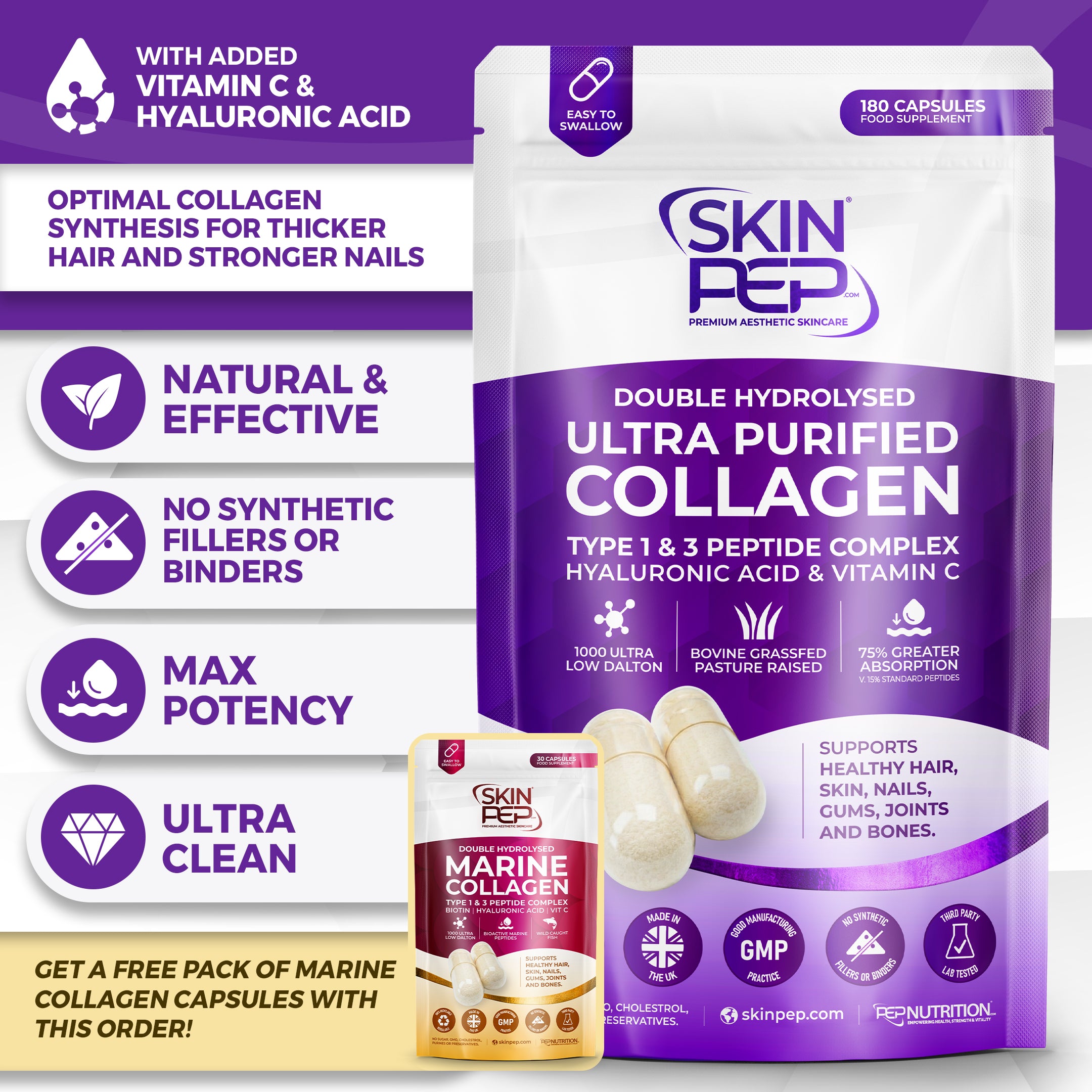 Ultra Purified Collagen Peptide Complex Capsules | 1000 Dalton Bioactive Vitamin C Enhanced Synthesis |Triple Filtered, Double Hydrolysed | Grass Fed Bovine Collagen Supplement For Women & Men | SkinPep