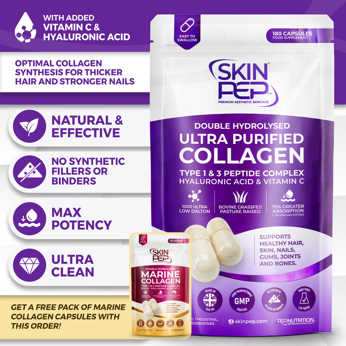 Ultra Purified Collagen Peptide Complex Capsules | 1000 Dalton Bioactive Vitamin C Enhanced Synthesis |Triple Filtered, Double Hydrolysed | Grass Fed Bovine Collagen Supplement For Women & Men | SkinPep