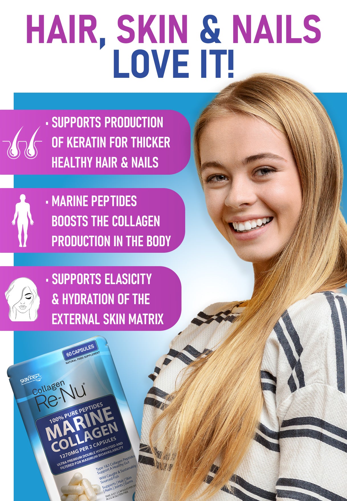 1270mg Marine Collagen Capsules 100% Pure Hydrolysate Peptides