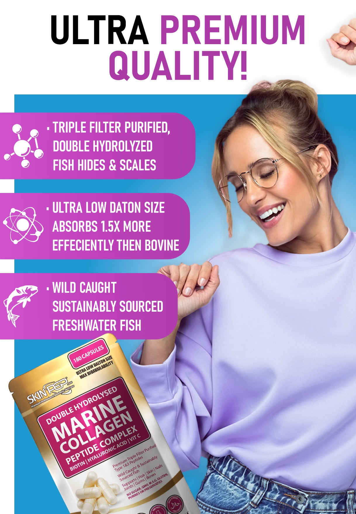 Marine Collagen Complex Capsules + Hyaluronic Acid + Vit C + Biotin - (Peptides) V2