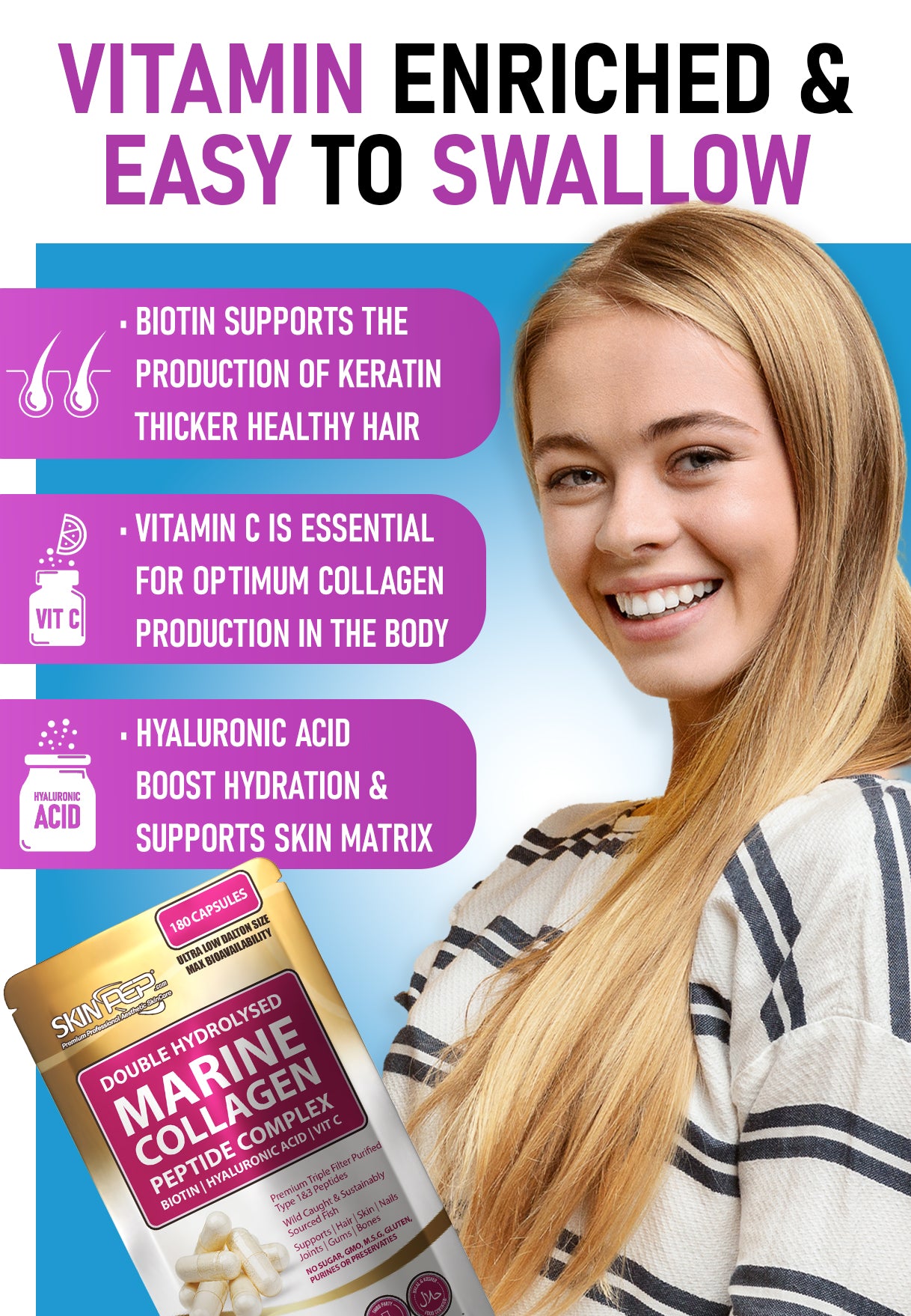 Marine Collagen Complex Capsules + Hyaluronic Acid + Vit C + Biotin - (Peptides) V2