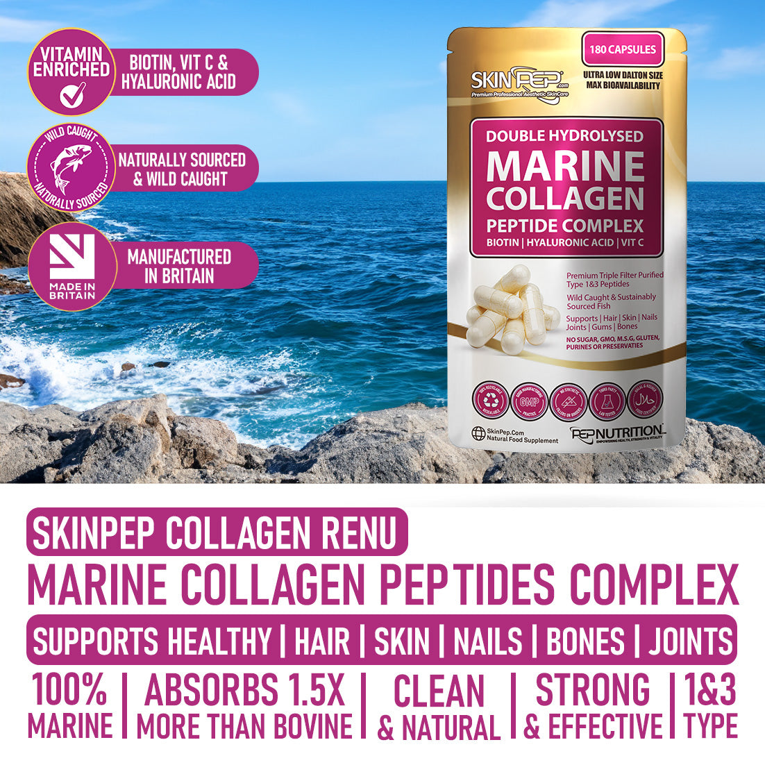 Marine Collagen Complex Capsules + Hyaluronic Acid + Vit C + Biotin - (Peptides) V2