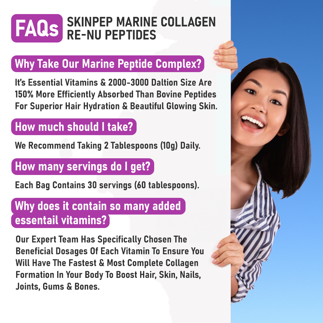 Marine Collagen Peptides | Hyaluronic Acid | Vitamin C | Biotin | Bioactive 1500 Daltons| Blackcurrant Extract Flavour | Triple Filtered Sugar Free Powder | SkinPep