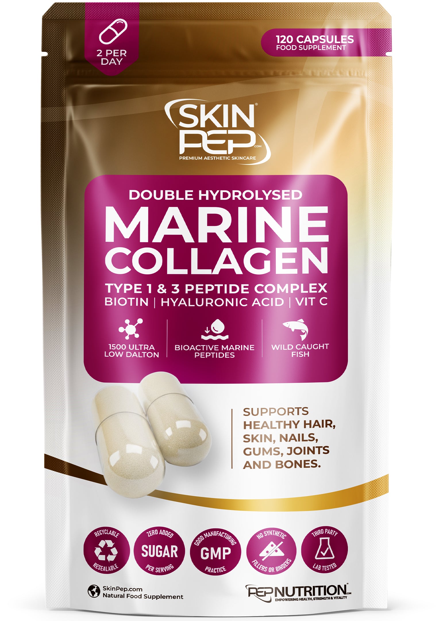 Marine Collagen Peptides Capsules | Wild Caught | Bioactive 1500 Daltons | Hyaluronic Acid | Vitamin C | Clean & Pure | No Fillers & Binders | Collagen Supplements For Women & Men | SkinPep