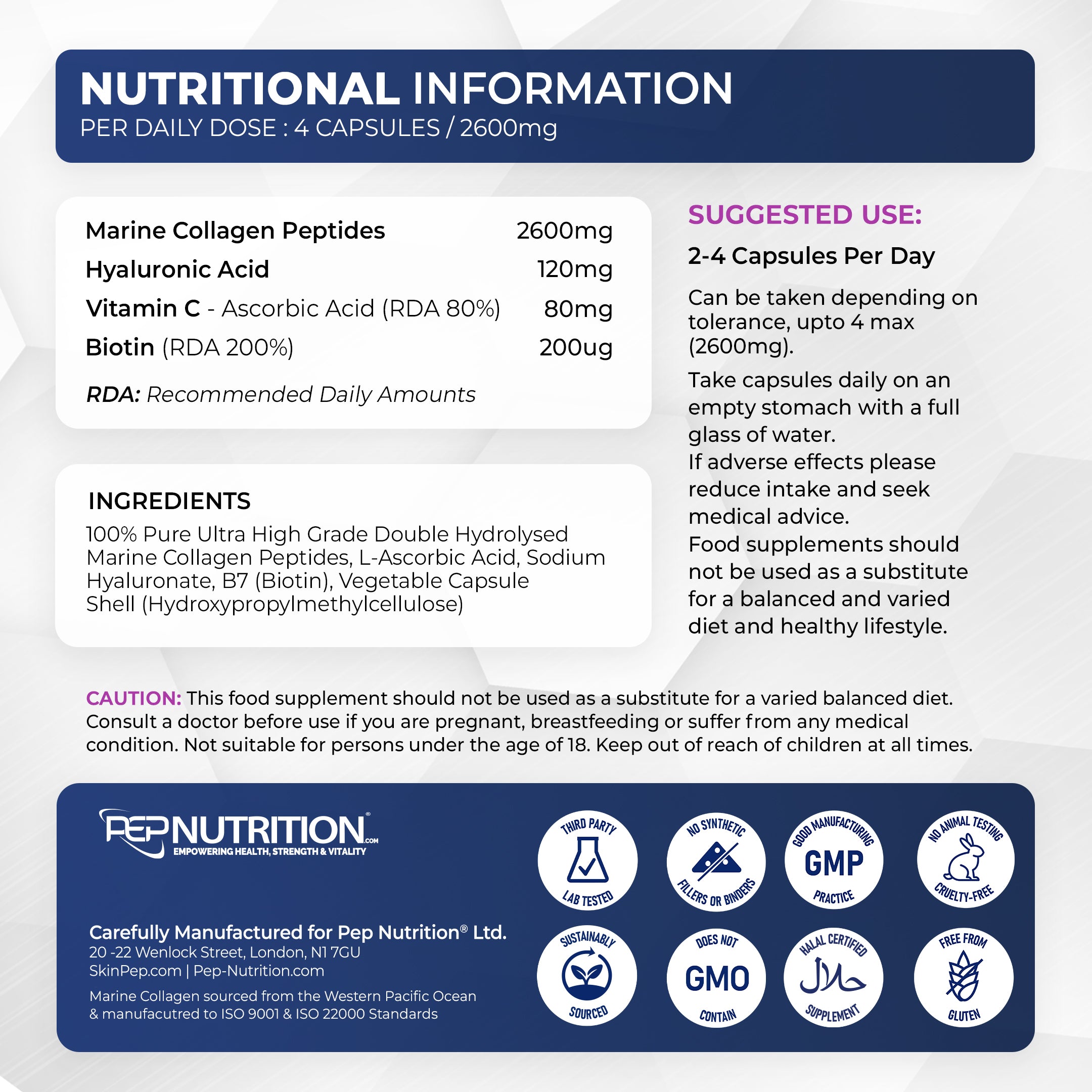 Marine Collagen Peptides Capsules | Wild Caught | Bioactive 1500 Daltons | Hyaluronic Acid | Vitamin C | Clean & Pure | No Fillers & Binders | Collagen Supplements For Women & Men | SkinPep V2