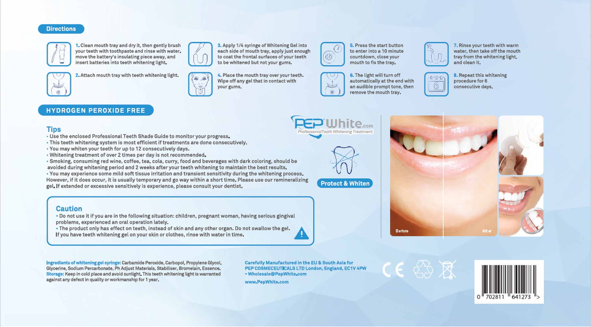 PEP-WHITE PEROXIDE FREE - Professional Teeth Whitening Teeth Whitening Gel + LED LIGHT Kit
