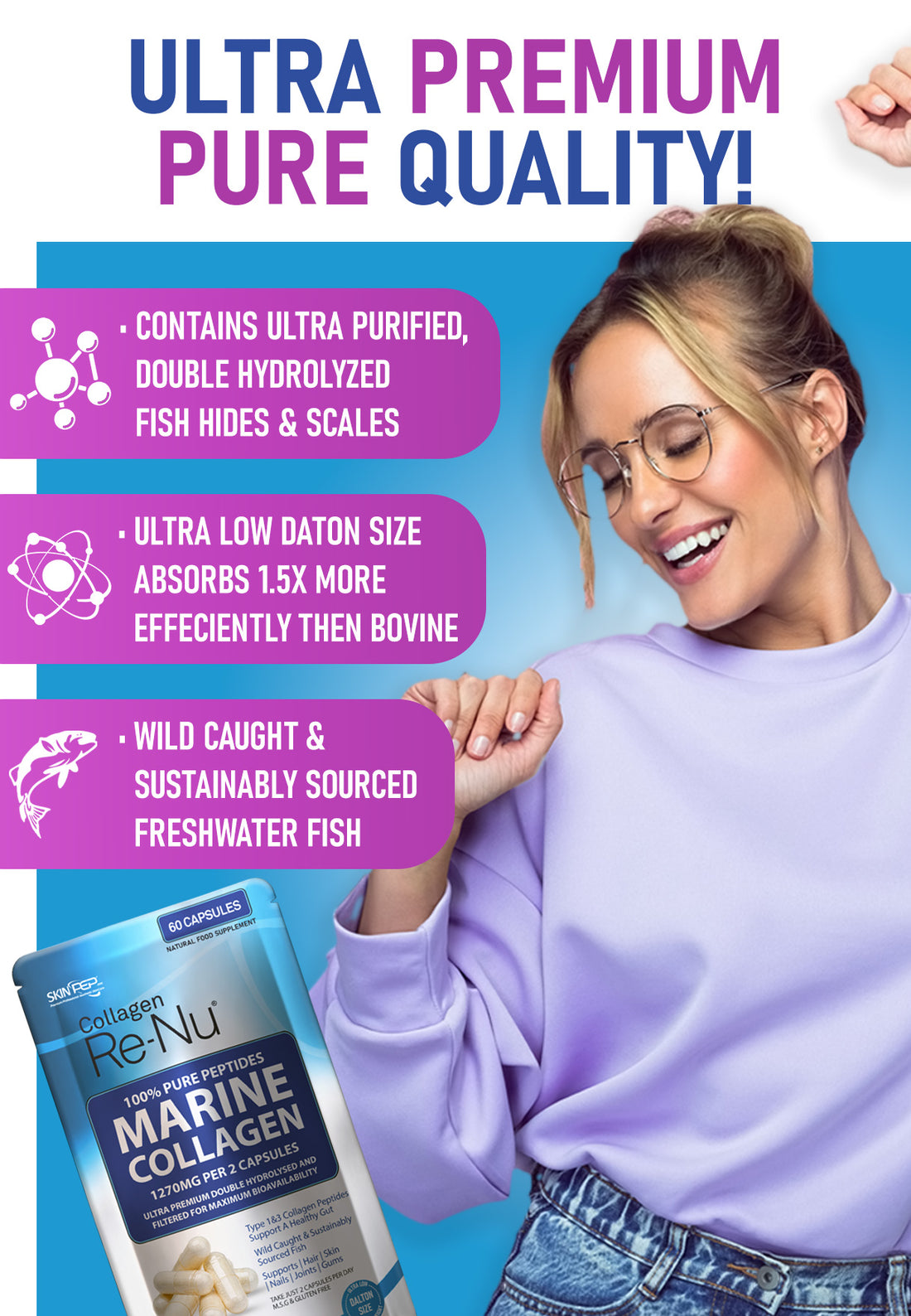 1270mg Marine Collagen Capsules 100% Pure Hydrolysate Peptides