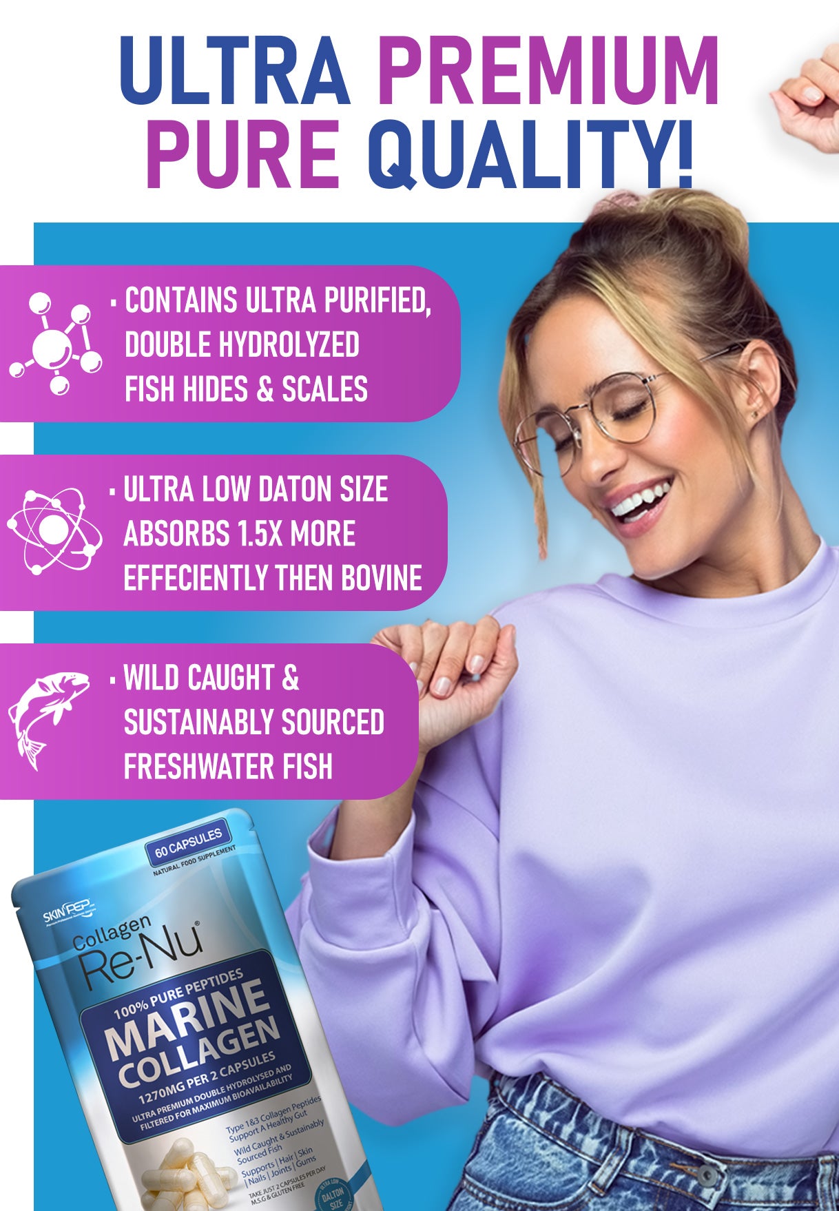 1270mg Marine Collagen Capsules 100% Pure Hydrolysate Peptides