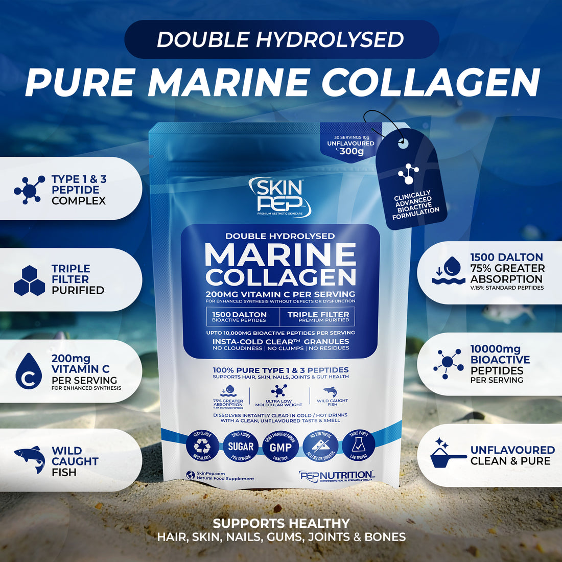 Marine Collagen Peptides | 1500 Daltons| Double Hydrolysed | Triple filtered | 100% Pure - Wild Caught | Vitamin C Enhanced Synthesis | SkinPep