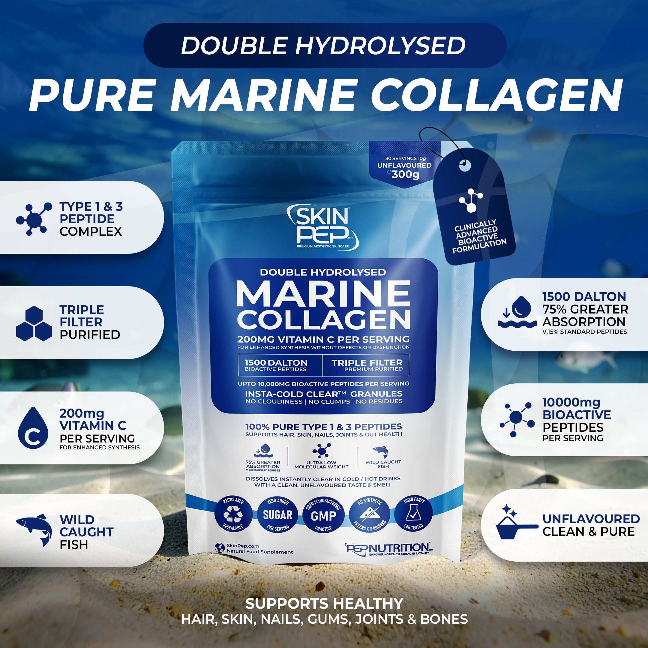 Marine Collagen Peptides | 1500 Daltons| Double Hydrolysed | Triple filtered | 100% Pure - Wild Caught | Vitamin C Enhanced Synthesis | SkinPep