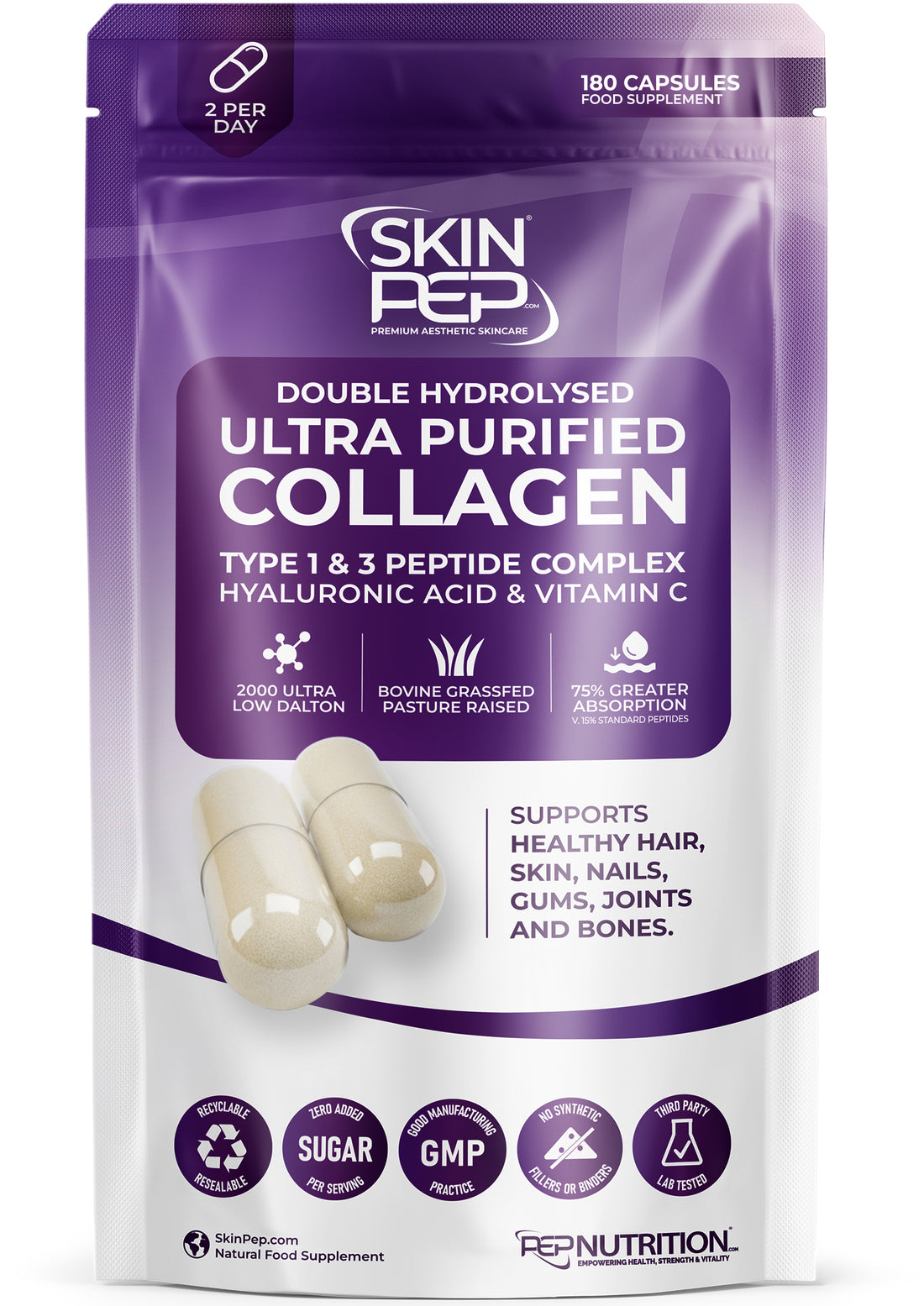 Ultra Purified Collagen Peptide Complex Capsules | 2000 Dalton Bioactive Vitamin C Enhanced Synthesis |Triple Filtered, Double Hydrolysed | Grass Fed Bovine Collagen Supplement For Women & Men | SkinPep