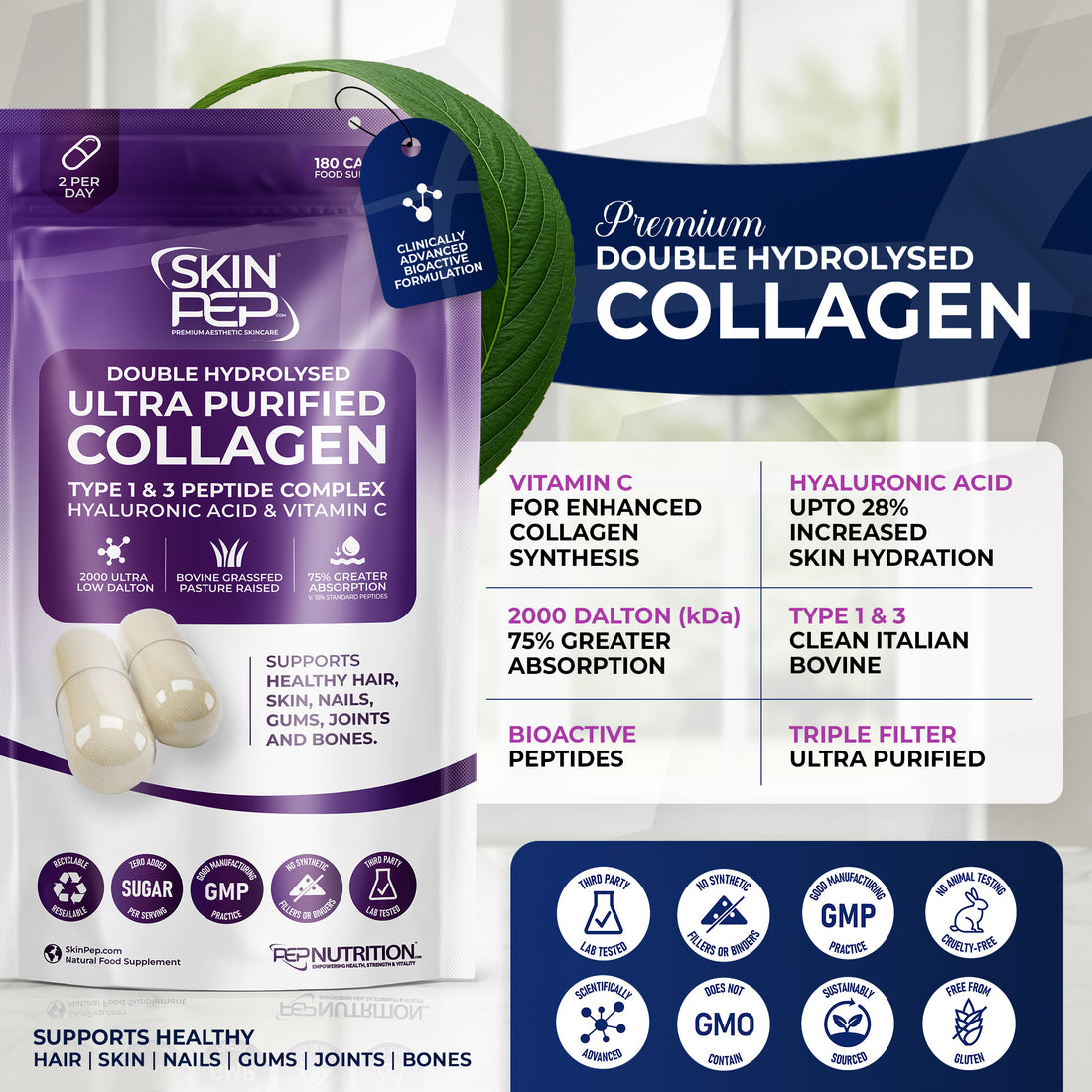 Ultra Purified Collagen Peptide Complex Capsules | 2000 Dalton Bioactive Vitamin C Enhanced Synthesis |Triple Filtered, Double Hydrolysed | Grass Fed Bovine Collagen Supplement For Women & Men | SkinPep
