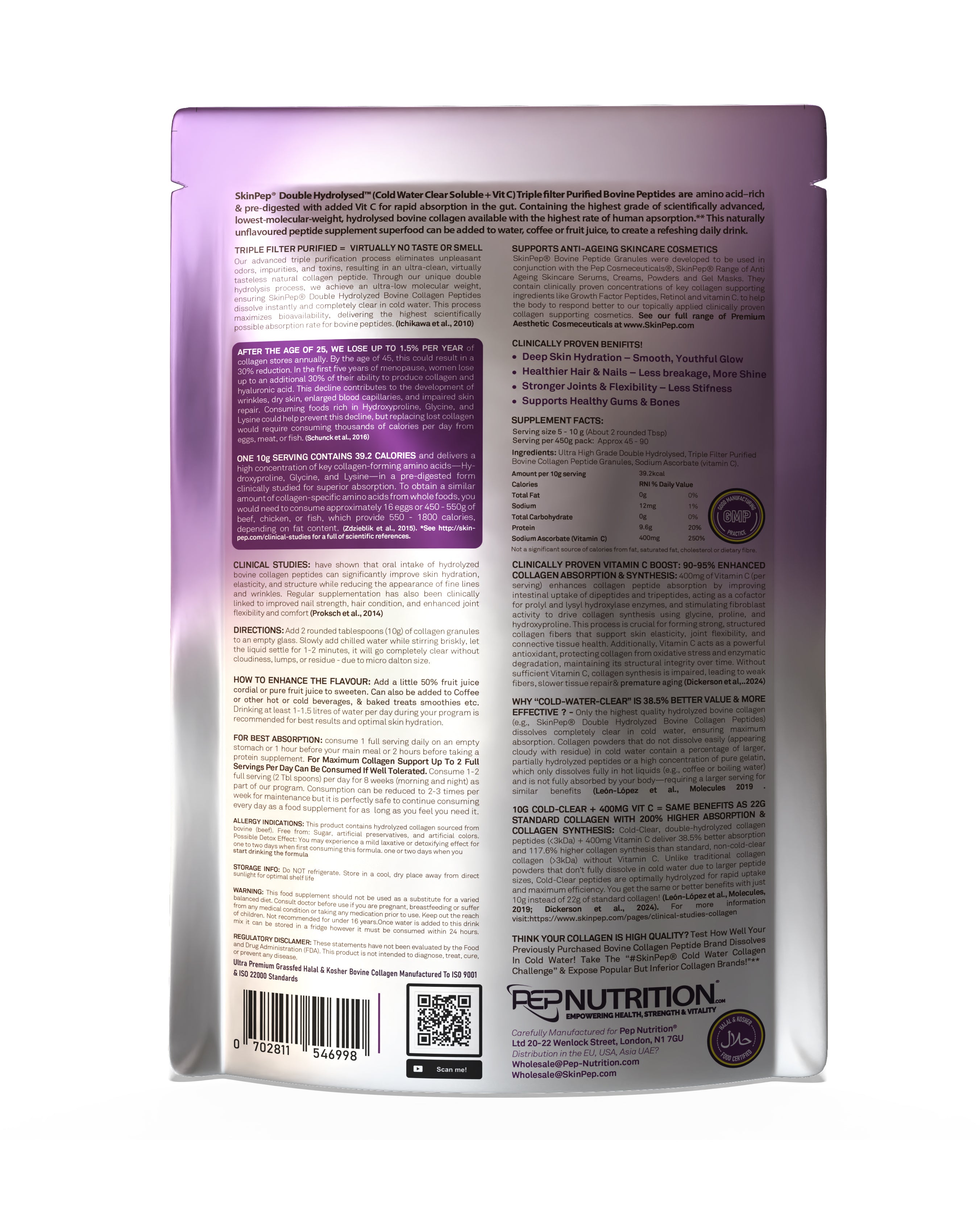 Collagen Peptides Powder | Organic Grass-Fed Bovine Hydrolysate | 1000 Dalton | 400mg Vitamin C | SkinPep