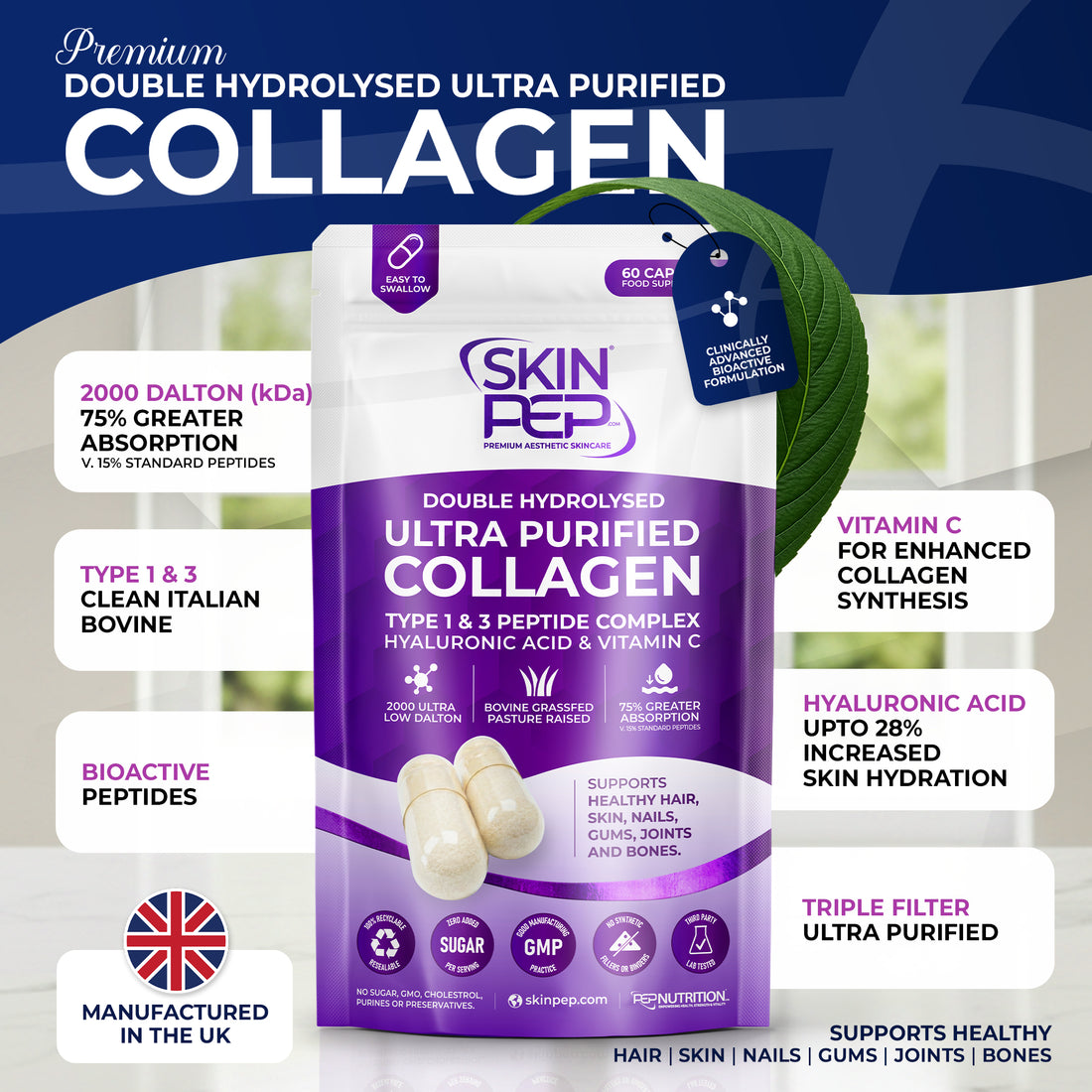 Ultra Purified Collagen Peptide Complex Capsules | 2000 Dalton Bioactive Vitamin C Enhanced Synthesis |Triple Filtered, Double Hydrolysed | Grass Fed Bovine Collagen Supplement For Women & Men | SkinPep