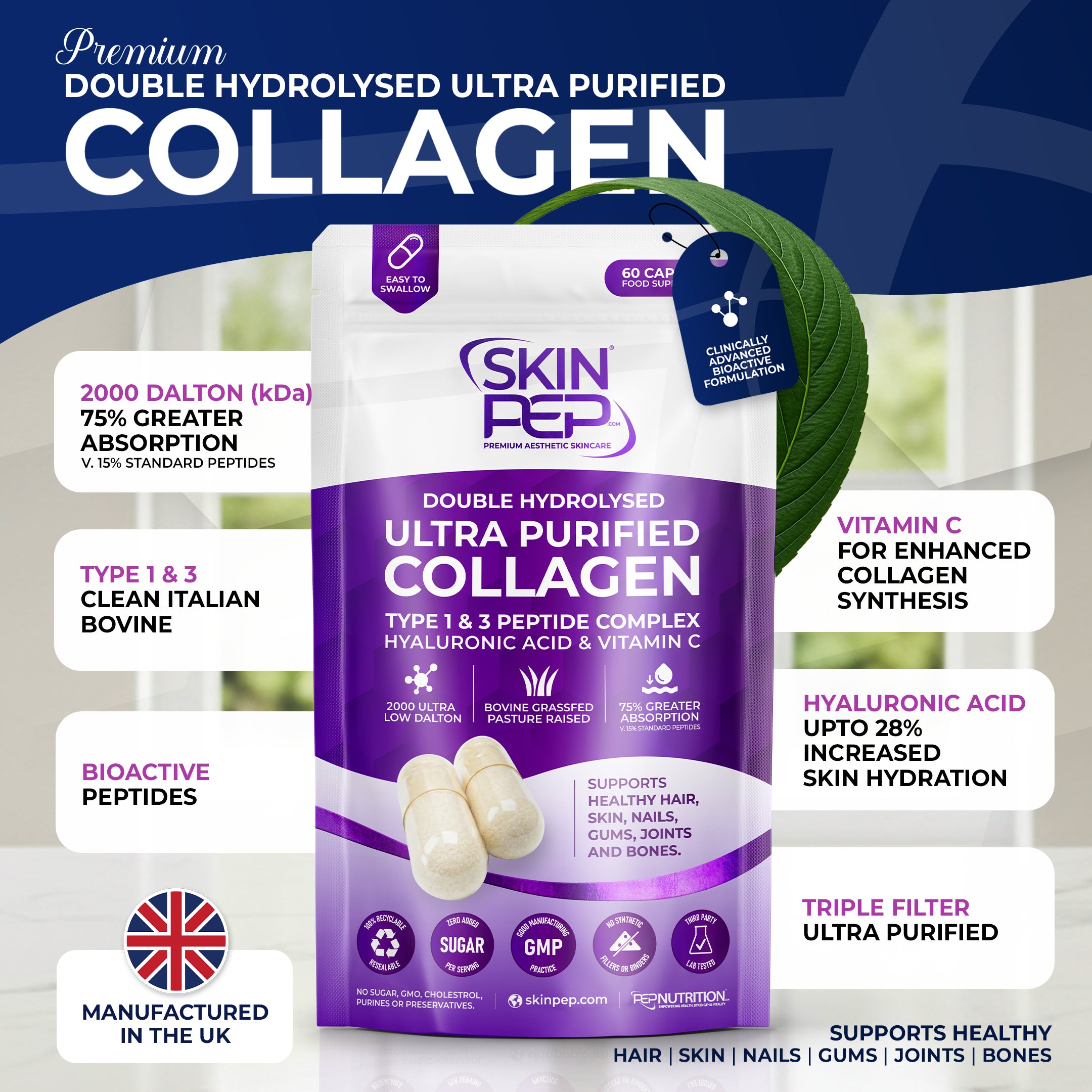 Ultra Purified Collagen Peptide Complex Capsules | 2000 Dalton Bioactive Vitamin C Enhanced Synthesis |Triple Filtered, Double Hydrolysed | Grass Fed Bovine Collagen Supplement For Women & Men | SkinPep