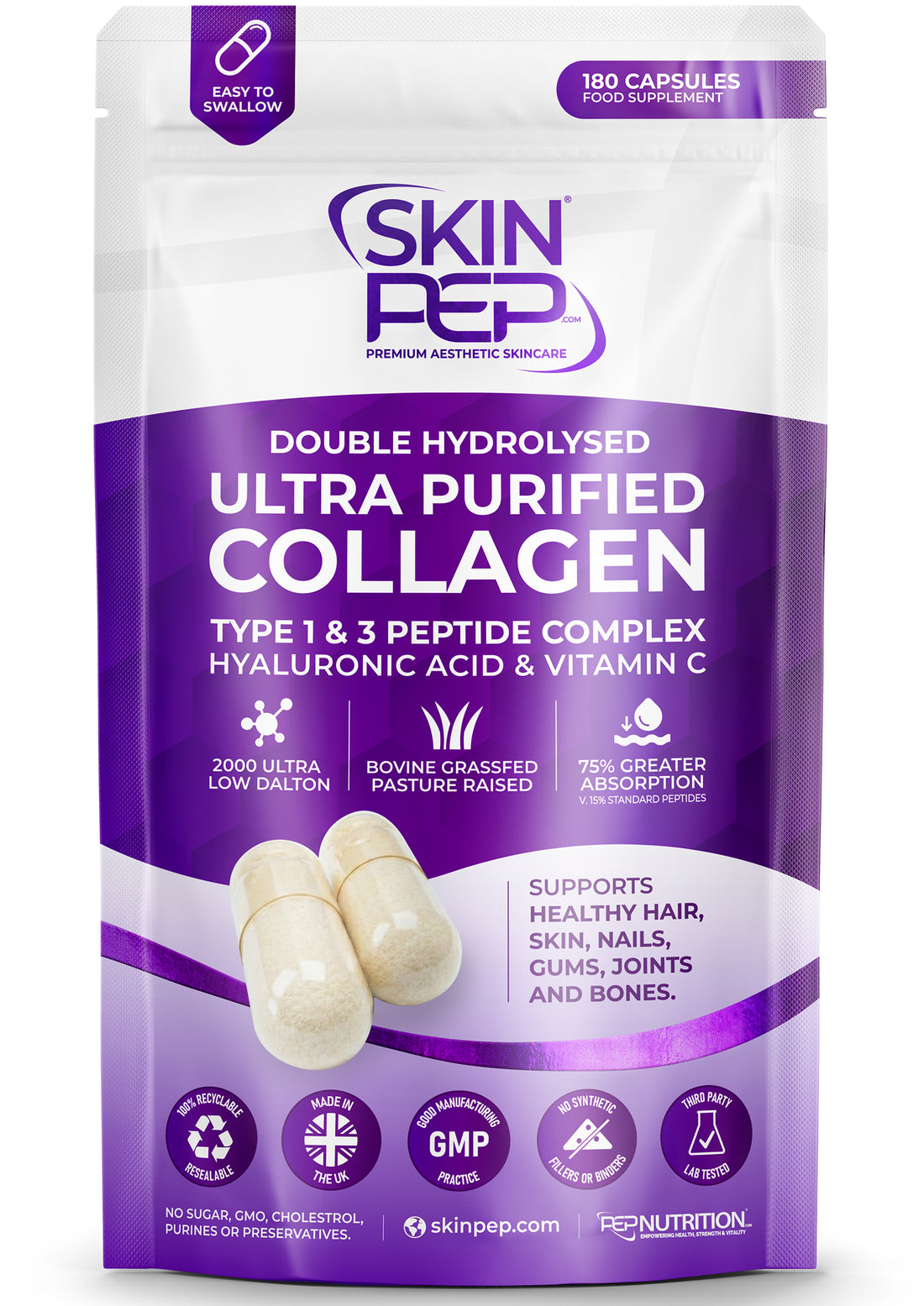 Ultra Purified Collagen Peptide Complex Capsules | 2000 Dalton Bioactive Vitamin C Enhanced Synthesis |Triple Filtered, Double Hydrolysed | Grass Fed Bovine Collagen Supplement For Women & Men | SkinPep