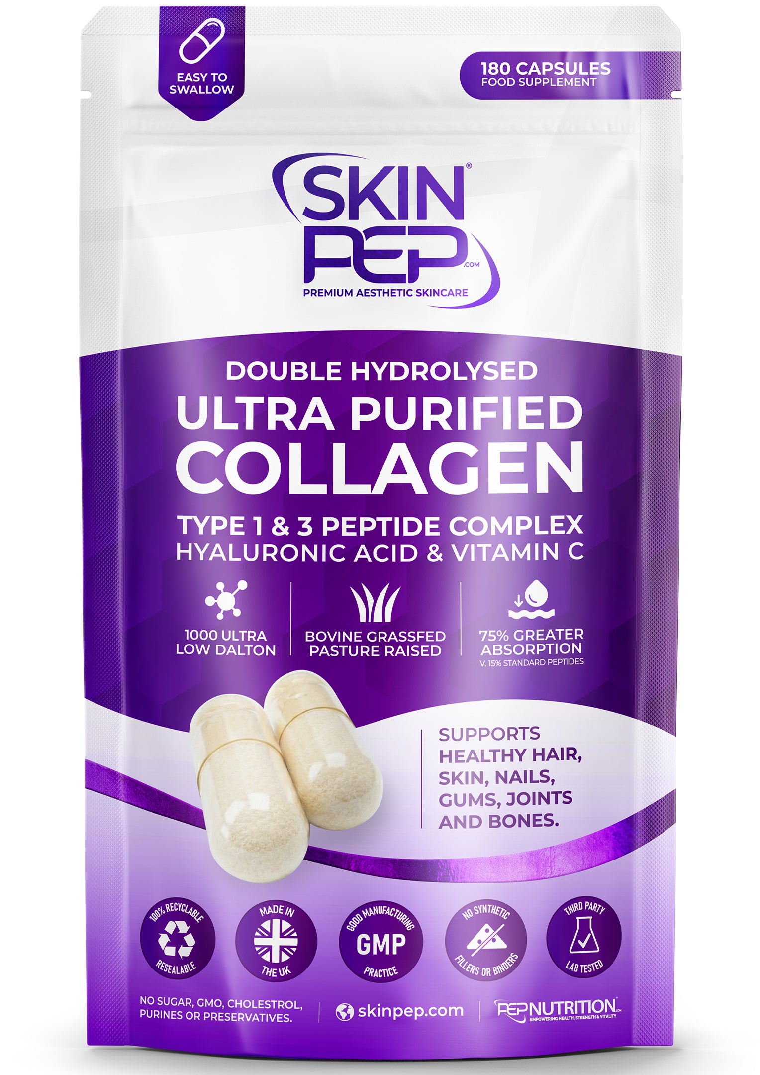 Ultra Purified Collagen Peptide Complex Capsules | 1000 Dalton Bioactive Vitamin C Enhanced Synthesis |Triple Filtered, Double Hydrolysed | Grass Fed Bovine Collagen Supplement For Women & Men | SkinPep