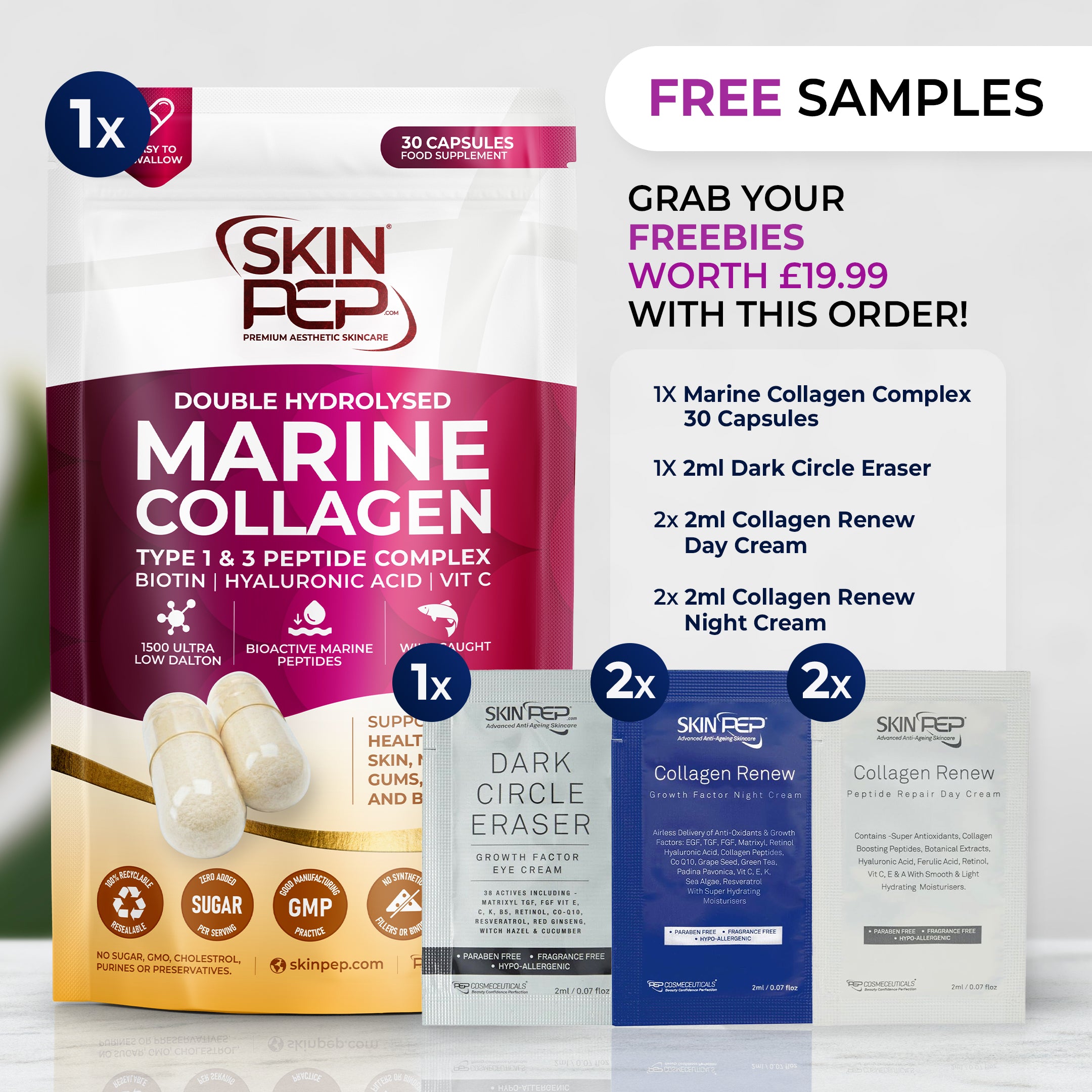 Ultra Purified Collagen Peptide Complex Capsules | 2000 Dalton Bioactive Vitamin C Enhanced Synthesis |Triple Filtered, Double Hydrolysed | Grass Fed Bovine Collagen Supplement For Women & Men | SkinPep