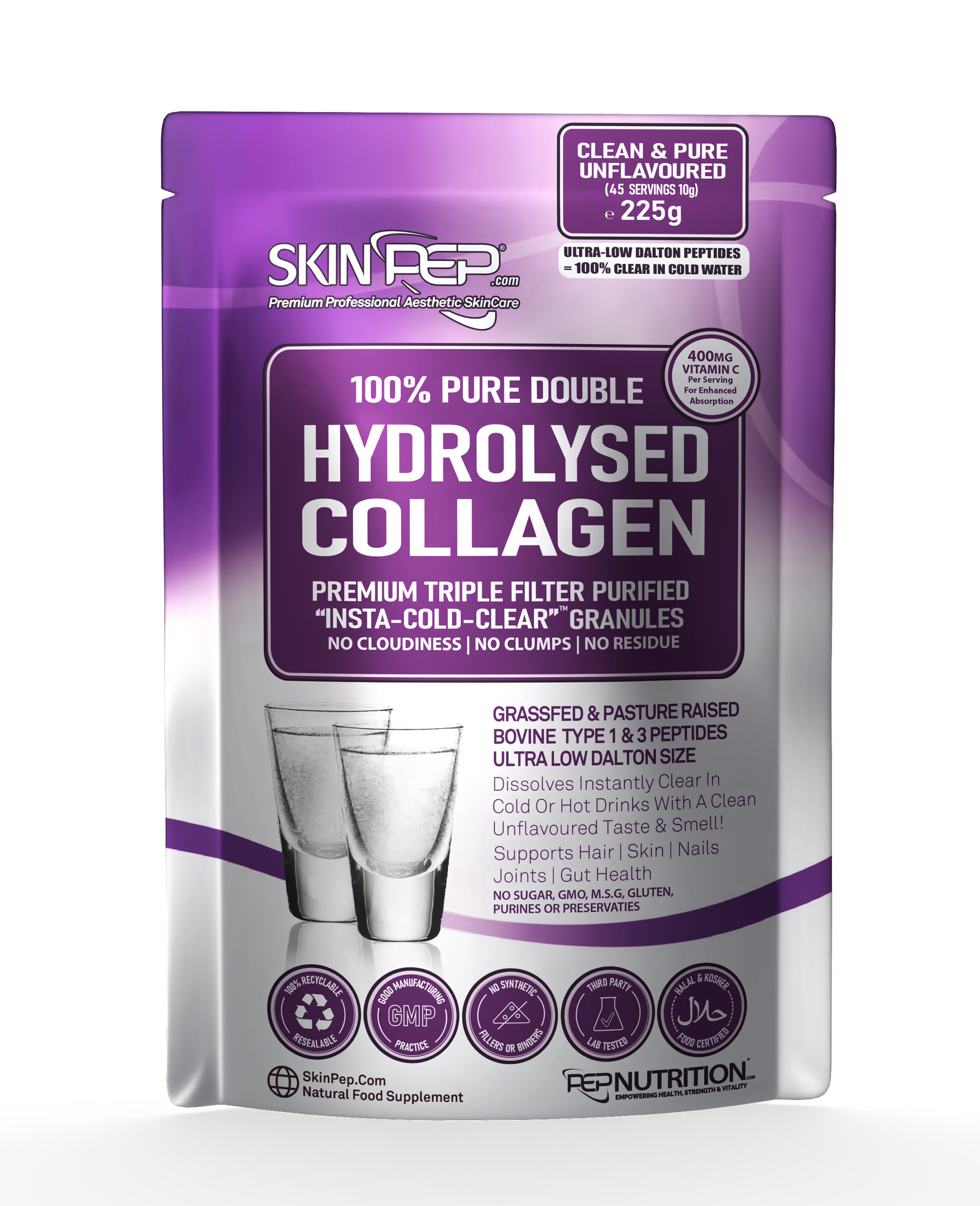 Collagen Peptides Hydrolysate Bovine Powder + 400mg Vit C - Halal Certified SkinPep