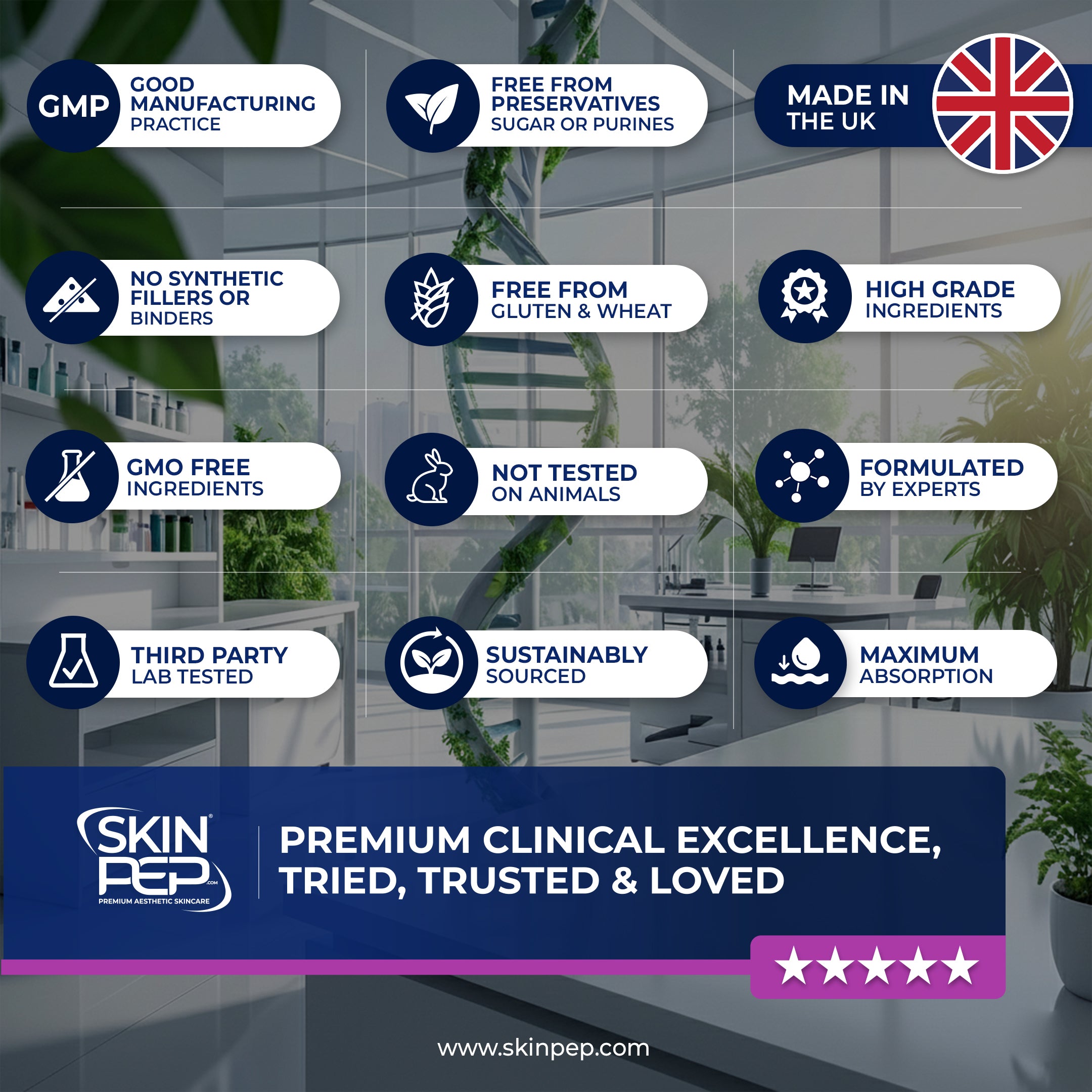 Marine Collagen Peptides | Hyaluronic Acid | Vitamin C | Biotin | Bioactive 1500 Daltons| Blackcurrant Extract Flavour | Triple Filtered Sugar Free Powder | SkinPep