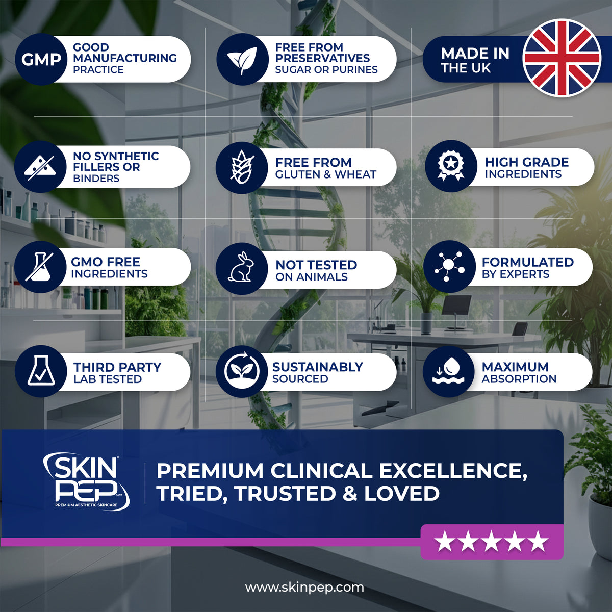 Marine Collagen Peptides | Hyaluronic Acid | Vitamin C | Biotin | Bioactive 800 Daltons| Blackcurrant Extract Flavour | Triple Filtered Sugar Free Powder | SkinPep