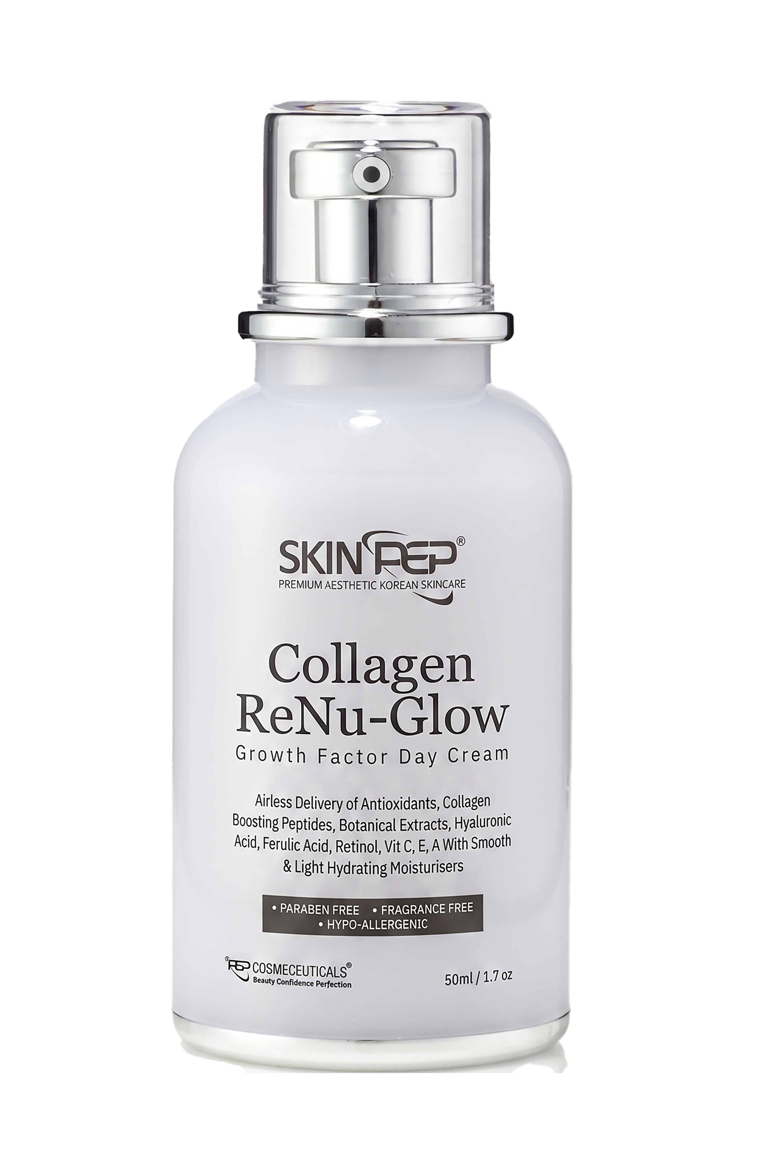 Collagen ReNu-Glow Peptide Day Cream | Encapsulated Growth Factors (EGF, FGF, TGF) | 16 Antioxidants & Moisturisers | Retinol, Hyaluronic Acid, Vit C, E, A + Peptides | Korean Glass Skin By SkinPep (50ml)