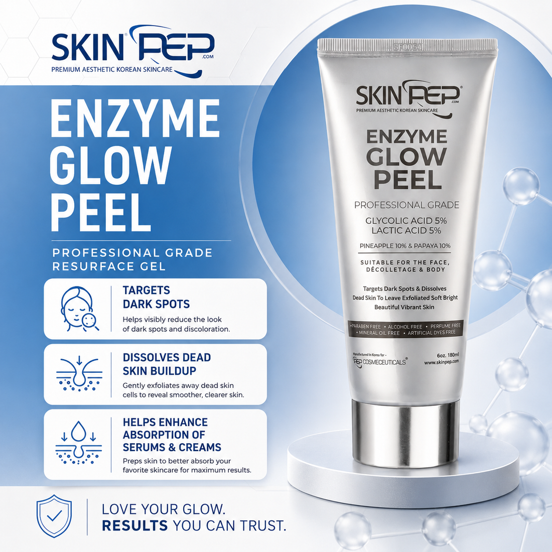 SkinPep® Enzyme Glow Peel | Beautiful and Vibrant Skin | Pineapple and Papaya Enzymes | Peptides + Glycolic Acid And Lactic Acid | Vitamin C | Gentle & Safe Peeling Gel