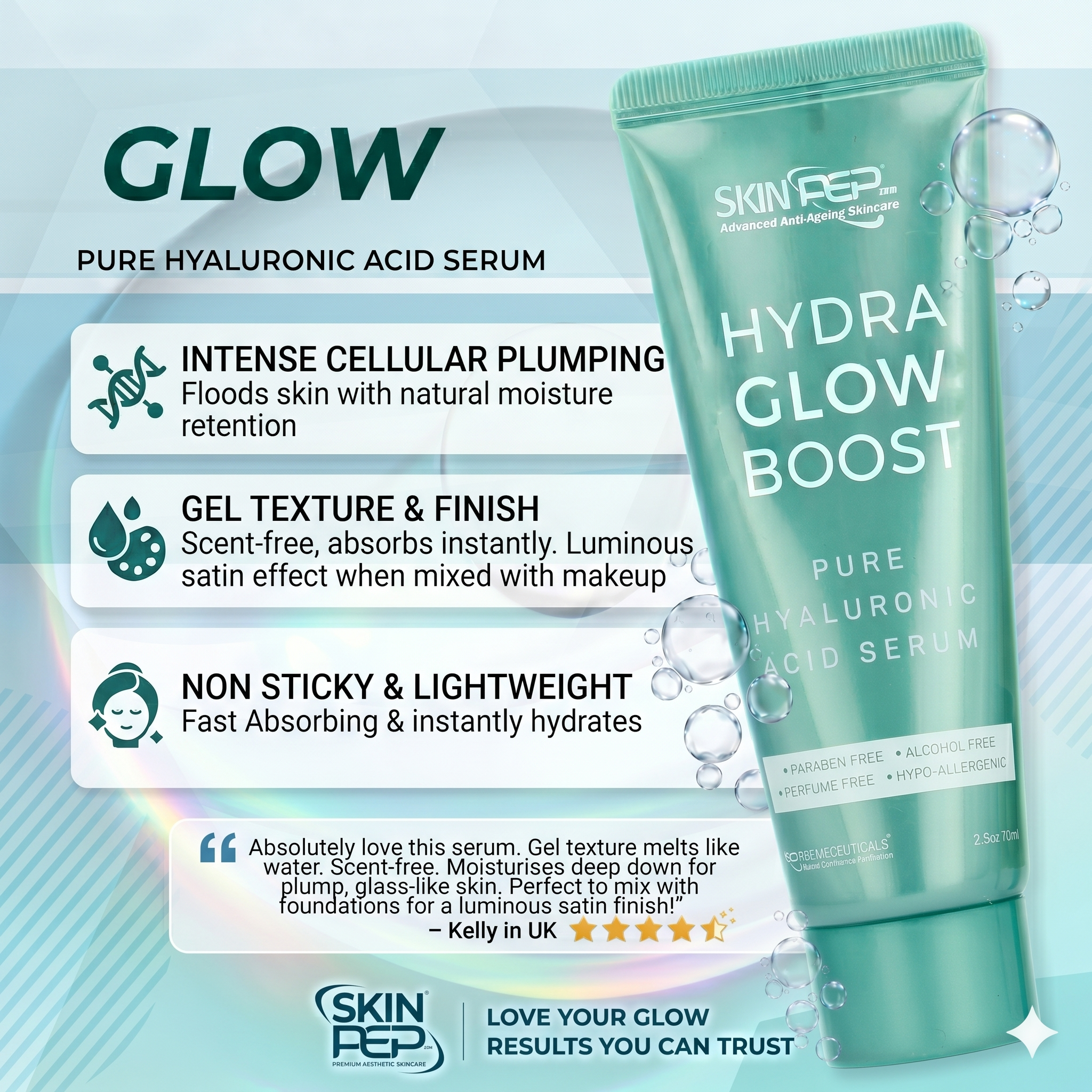 Hydra Glow Boost - Hyaluronic Acid Serum | BioSkinActive Replumping & Hydrating Super Serum With 3% Hyaluronic Acid | + Bio-Identical Phospholipids & Vitamin E For Max Absorption | Strengthens Skin Barrier | Cruelty Free & Vegan By SkinPep