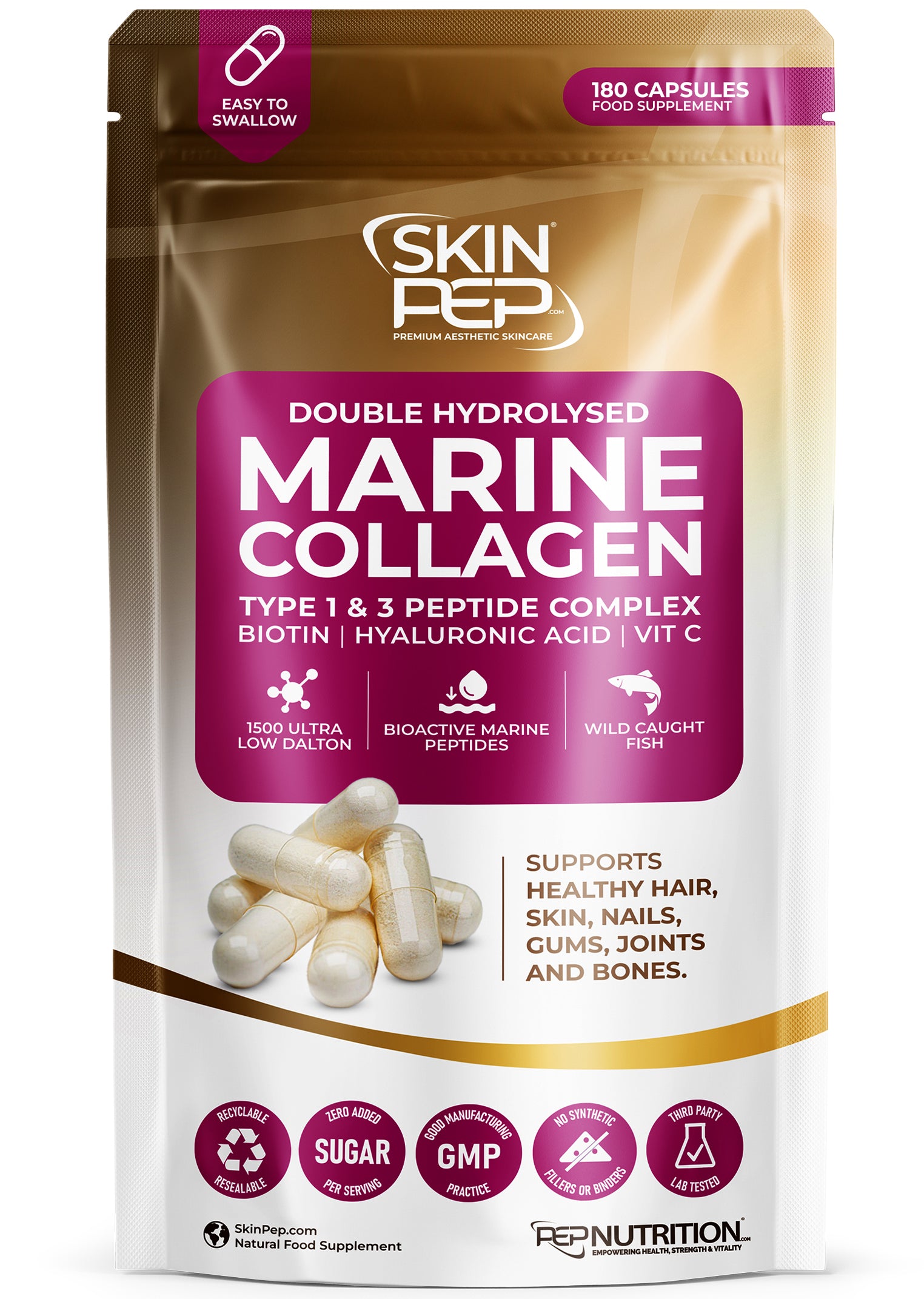 Marine Collagen Peptides Capsules | Wild Caught | Bioactive 1500 Daltons | Hyaluronic Acid | Vitamin C | Clean & Pure | No Fillers & Binders | Collagen Supplements For Women & Men | SkinPep V2