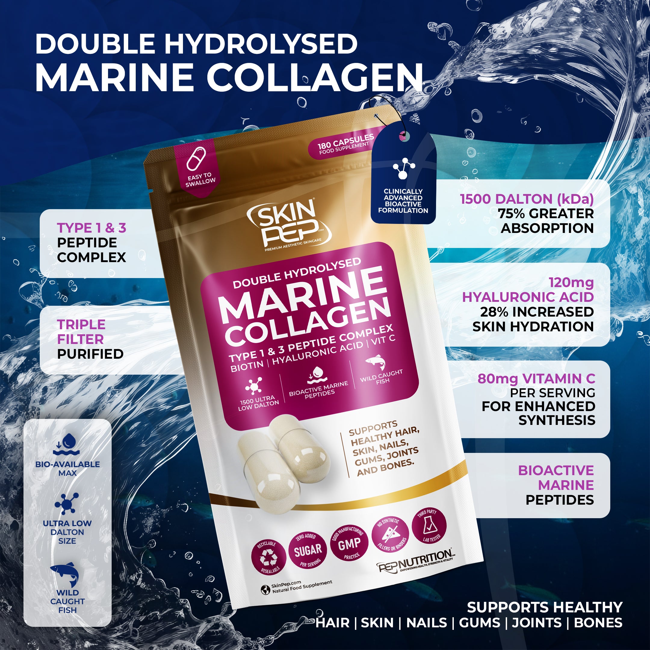 Marine Collagen Peptides Capsules | Wild Caught | Bioactive 1500 Daltons | Hyaluronic Acid | Vitamin C | Clean & Pure | No Fillers & Binders | Collagen Supplements For Women & Men | SkinPep