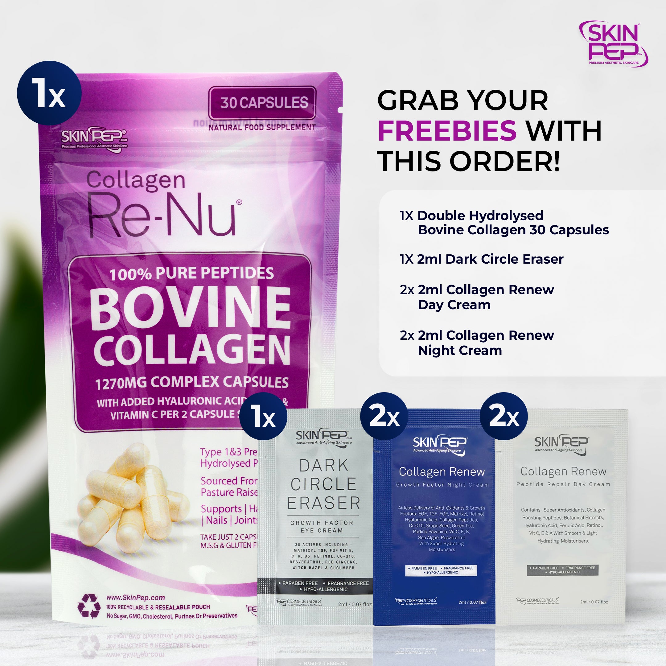 Marine Collagen Peptides Capsules | Wild Caught | Bioactive 1500 Daltons | Hyaluronic Acid | Vitamin C | Clean & Pure | No Fillers & Binders | Collagen Supplements For Women & Men | SkinPep V2