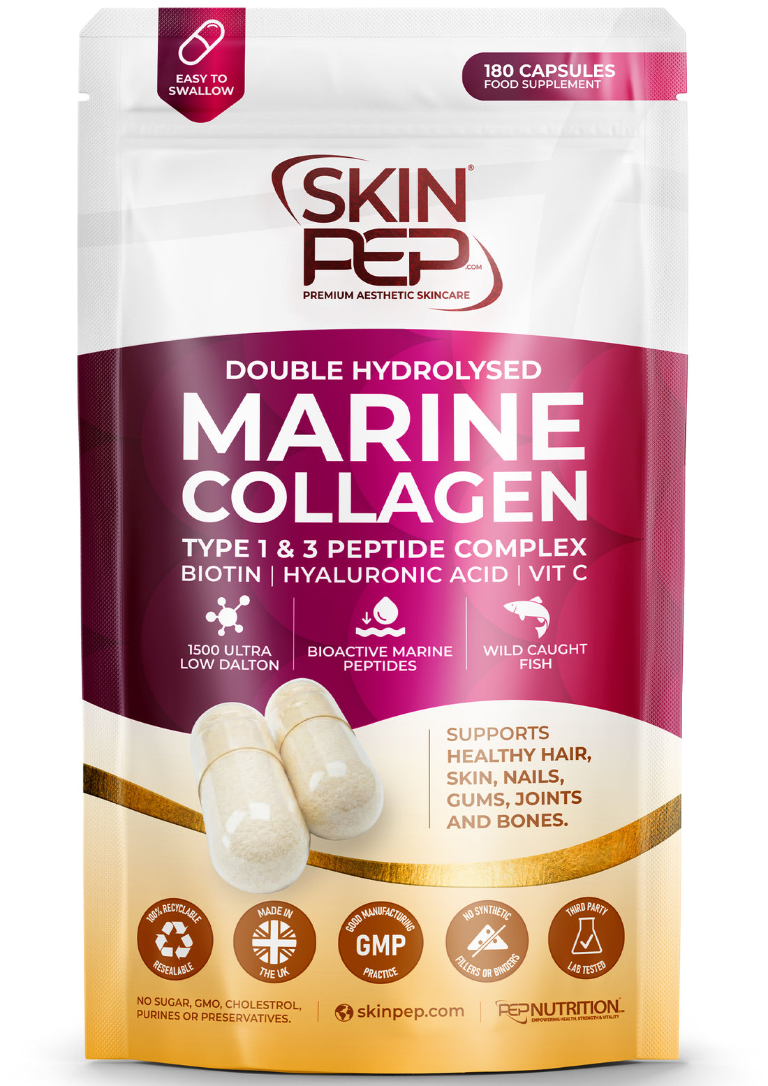 Marine Collagen Peptides Capsules | Wild Caught | Bioactive 1500 Daltons | Hyaluronic Acid | Vitamin C | Clean & Pure | No Fillers & Binders | Collagen Supplements For Women & Men | SkinPep