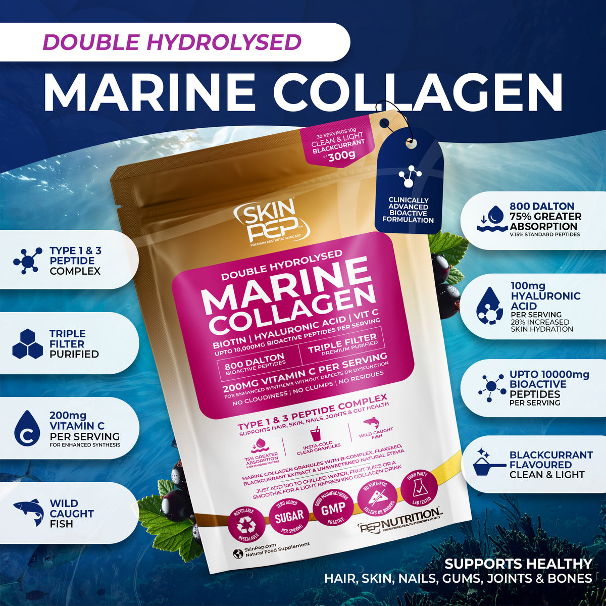 Marine Collagen Peptides | Hyaluronic Acid | Vitamin C | Biotin | Bioactive 800 Daltons| Blackcurrant Extract Flavour | Triple Filtered Sugar Free Powder | SkinPep