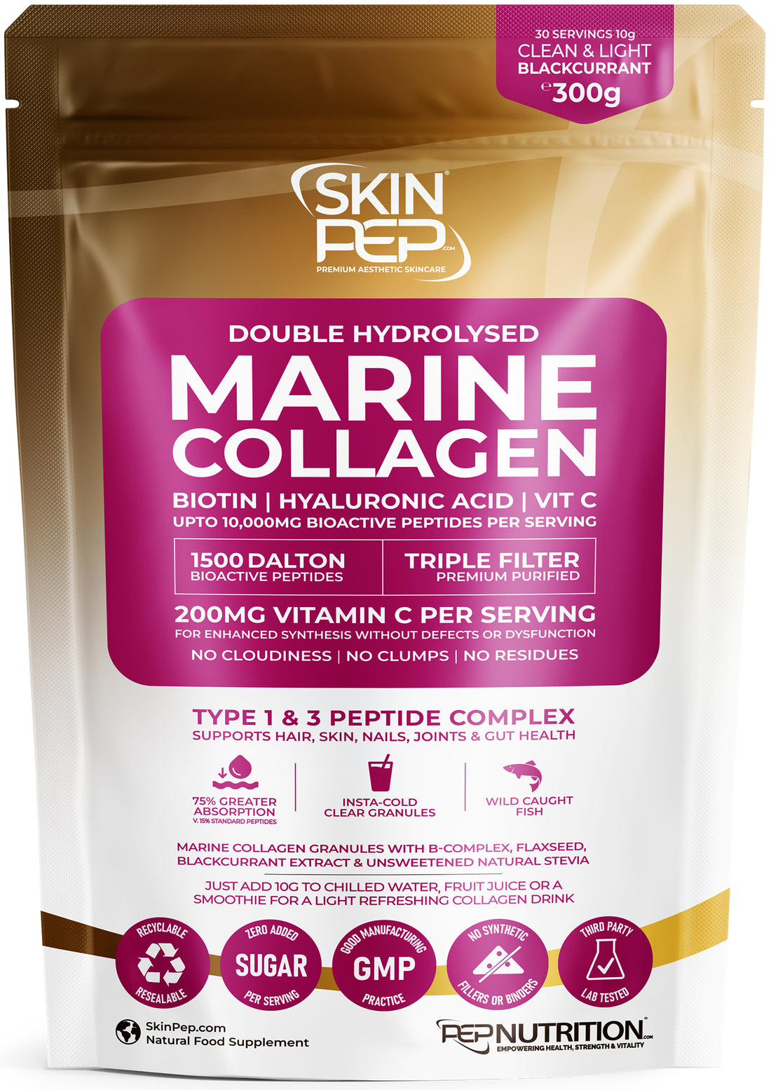 Marine Collagen Peptides | Hyaluronic Acid | Vitamin C | Biotin | Bioactive 1500 Daltons| Blackcurrant Extract Flavour | Triple Filtered Sugar Free Powder | SkinPep