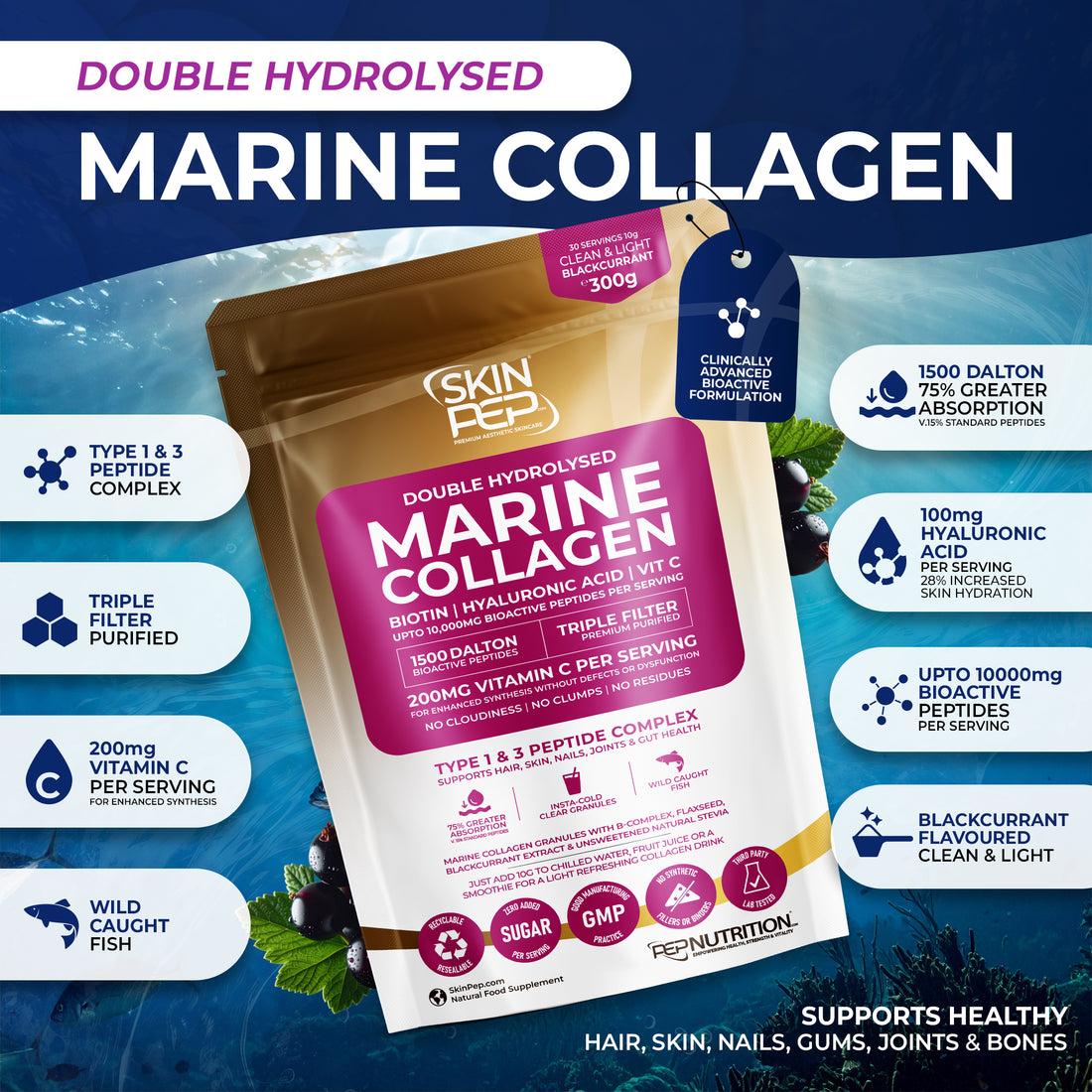 Marine Collagen Peptides | Hyaluronic Acid | Vitamin C | Biotin | Bioactive 1500 Daltons| Blackcurrant Extract Flavour | Triple Filtered Sugar Free Powder | SkinPep