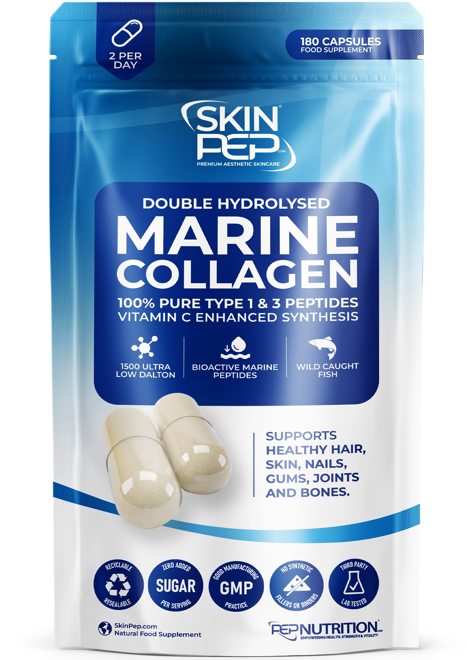 Pure Marine Collagen Peptide Capsules | Wild Caught | Bioactive Vitamin C Enhanced Synthesis |Triple Filtered, Double Hydrolysed| Collagen Supplements For Women & Men | SkinPep