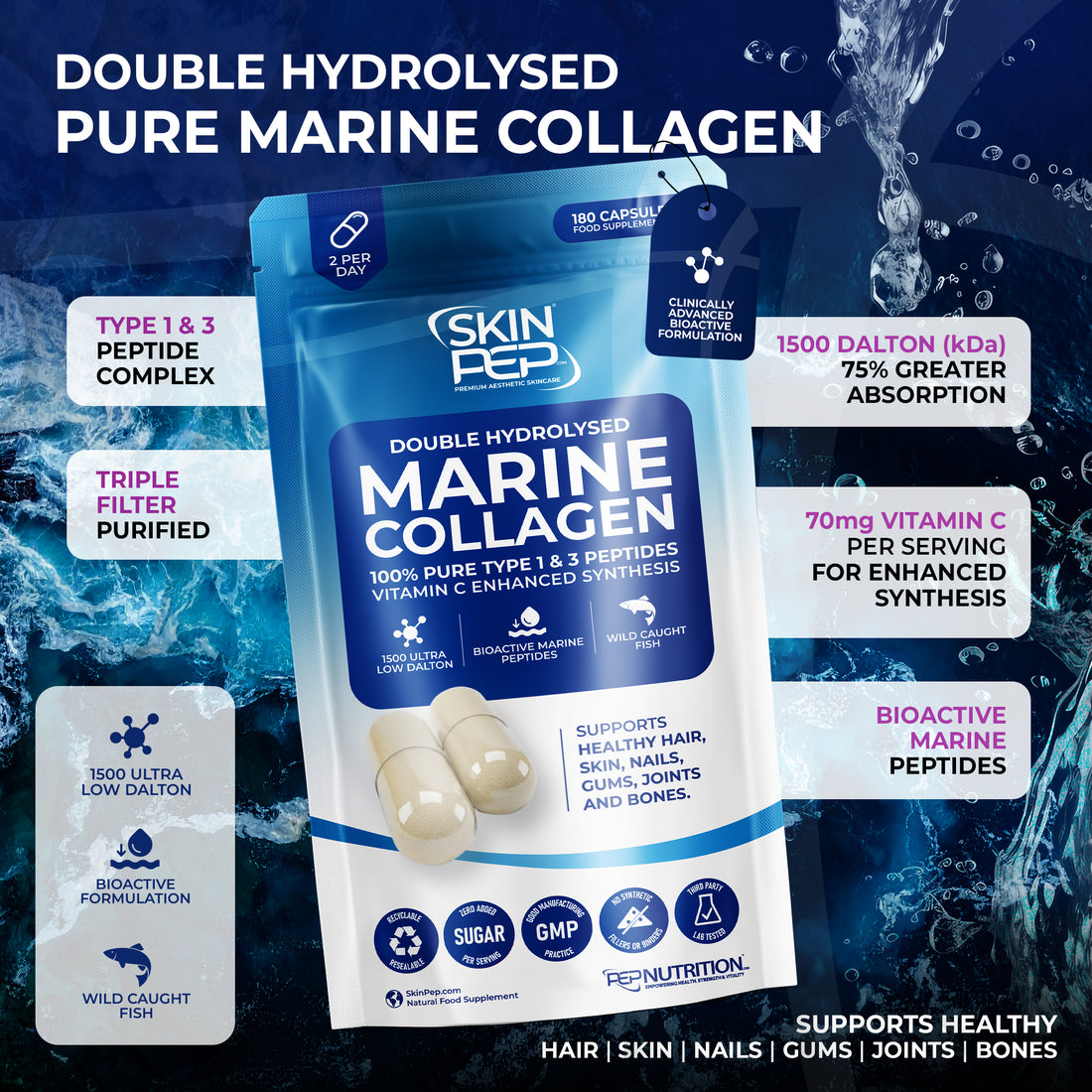 Pure Marine Collagen Peptide Capsules | Wild Caught | Bioactive Vitamin C Enhanced Synthesis |Triple Filtered, Double Hydrolysed| Collagen Supplements For Women & Men | SkinPep