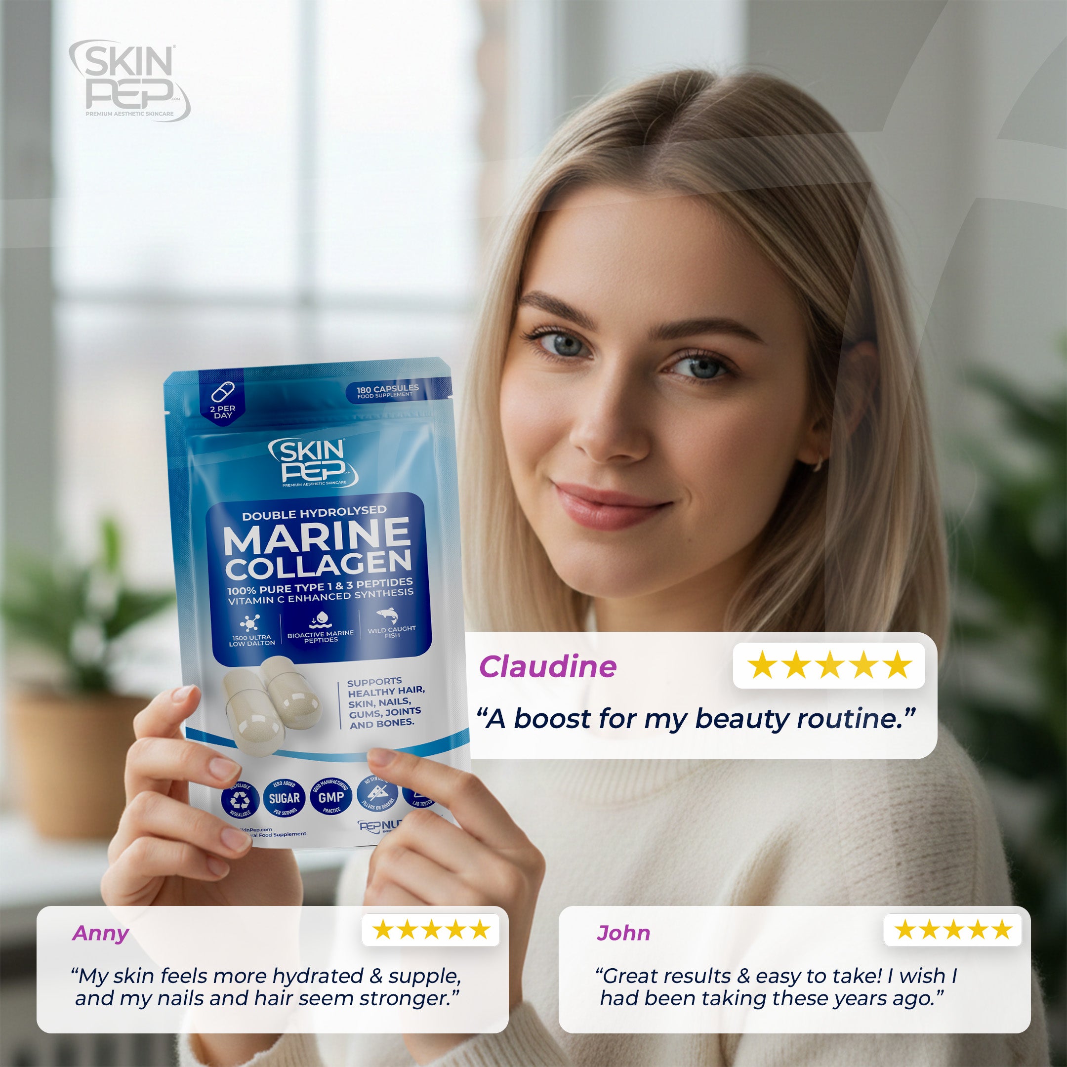 Pure Marine Collagen Peptide Capsules | Wild Caught | Bioactive Vitamin C Enhanced Synthesis |Triple Filtered, Double Hydrolysed| Collagen Supplements For Women & Men | SkinPep