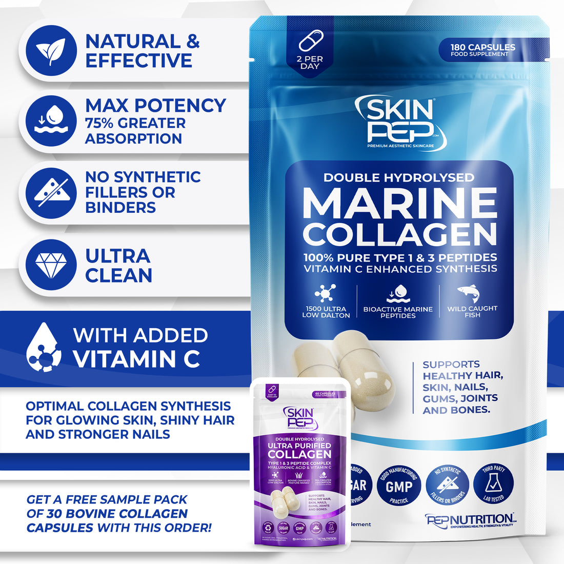 Pure Marine Collagen Peptide Capsules | Wild Caught | Bioactive Vitamin C Enhanced Synthesis |Triple Filtered, Double Hydrolysed| Collagen Supplements For Women & Men | SkinPep