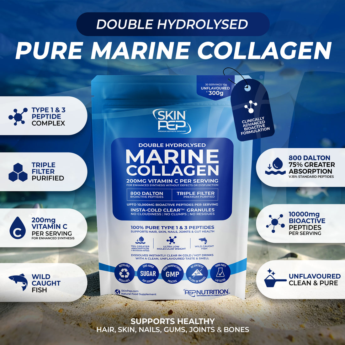 Marine Collagen Peptides | 800 Daltons | Double Hydrolysed | Triple filtered | 100% Pure - Wild Caught | Vitamin C Enhanced Synthesis | SkinPep