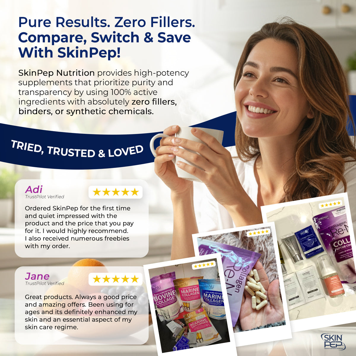 Marine Collagen Peptides | Hyaluronic Acid | Vitamin C | Biotin | Bioactive 800 Daltons| Blackcurrant Extract Flavour | Triple Filtered Sugar Free Powder | SkinPep