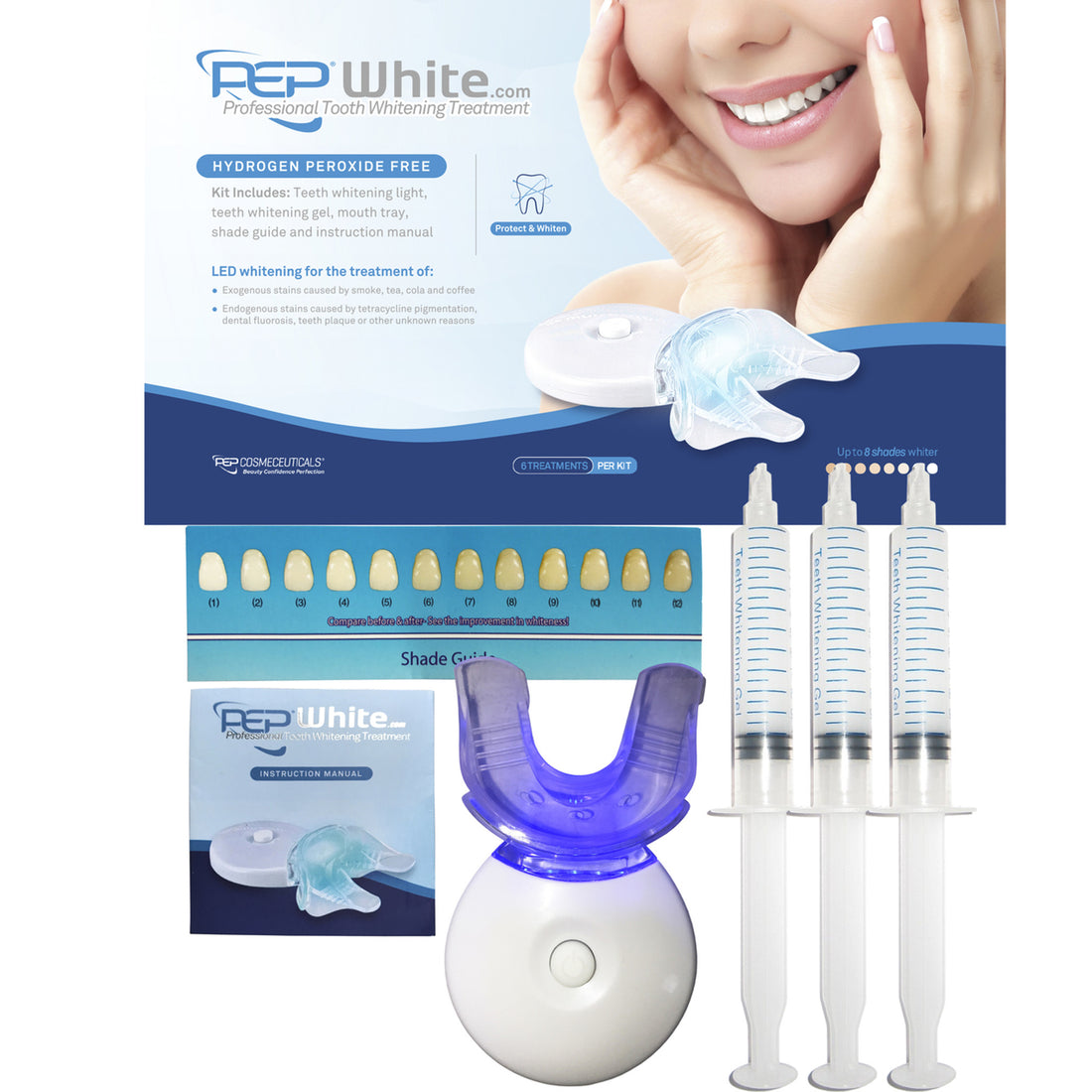 PEP-WHITE PEROXIDE FREE - Professional Teeth Whitening Teeth Whitening Gel + LED LIGHT Kit
