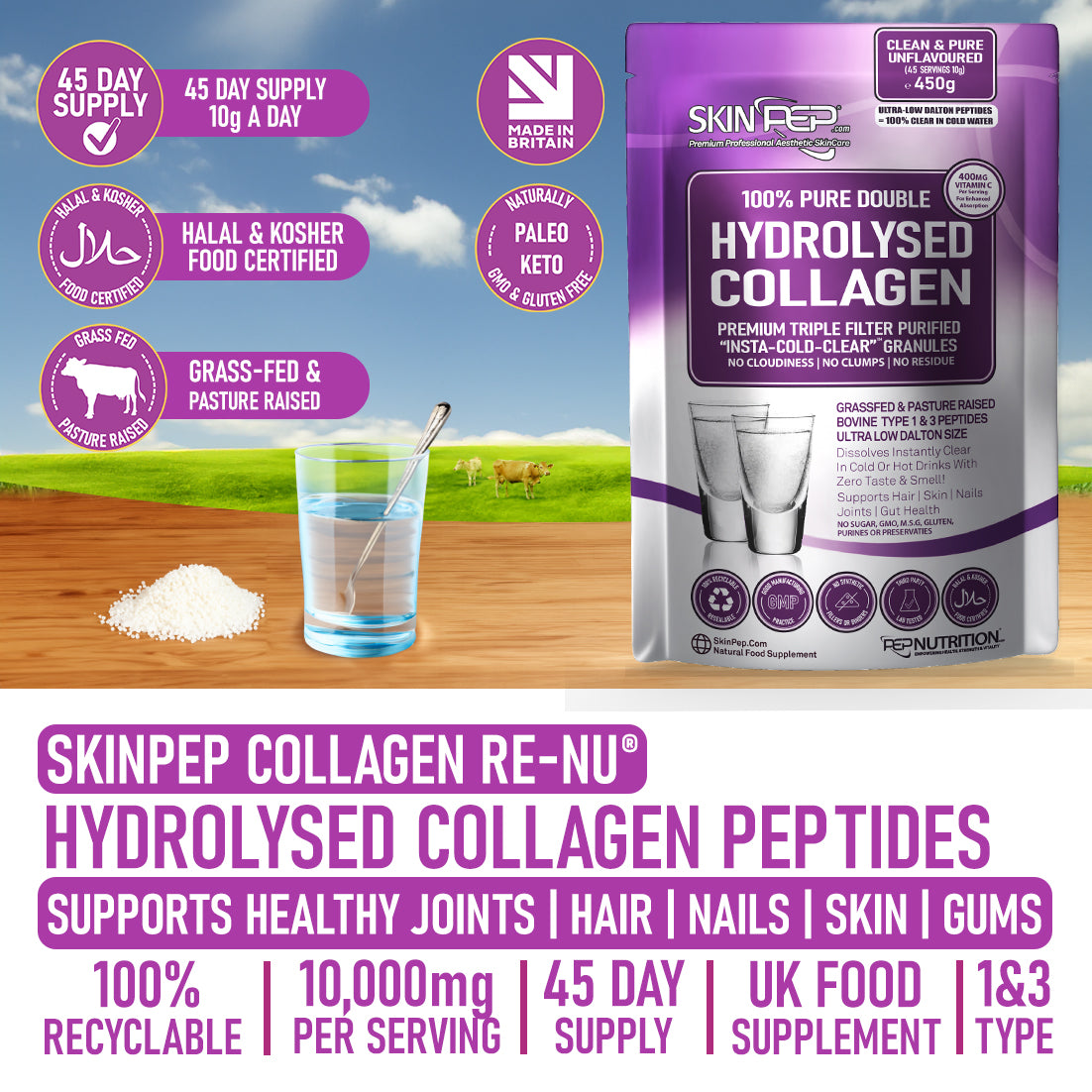 Collagen Peptides Hydrolysate Bovine Powder + 400mg Vit C - Halal Certified SkinPep