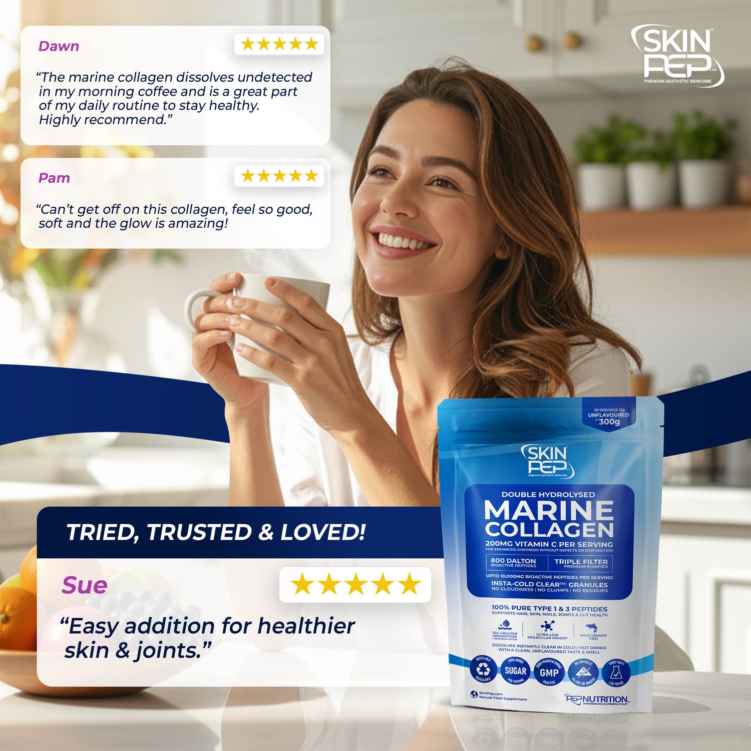 Marine Collagen Peptides | Bioactive 800 Daltons | Double Hydrolysed | Triple filtered |  100% Pure - Wild Caught | Vitamin C Enhanced Synthesis | SkinPep