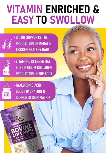 1270mg Bovine Collagen Complex Capsules + Hyaluronic Acid + VitC + Biotin - (Hydrolysate Peptides)